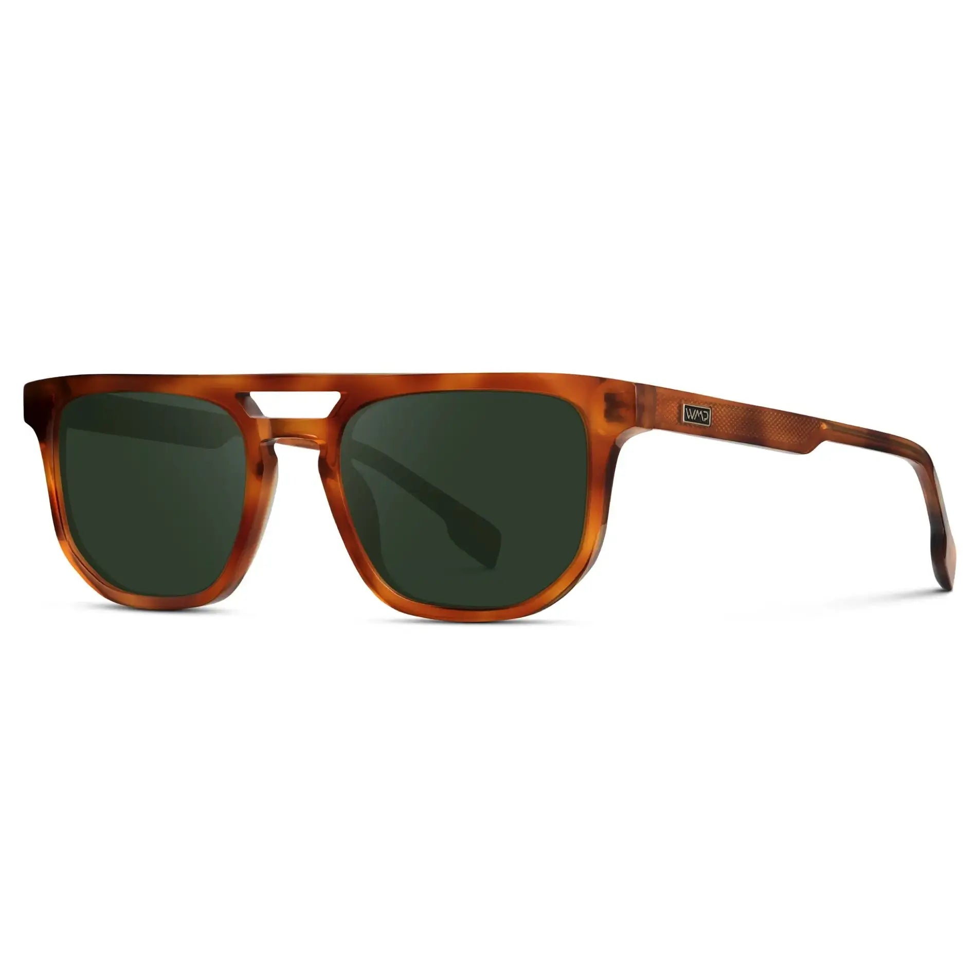 Honey Tortoise / G15 || Side view of Men's Rectangular Double Bridge Aviator Prescription Sunglasses with Honey Tortoise Frame and Green Lenses on a white background