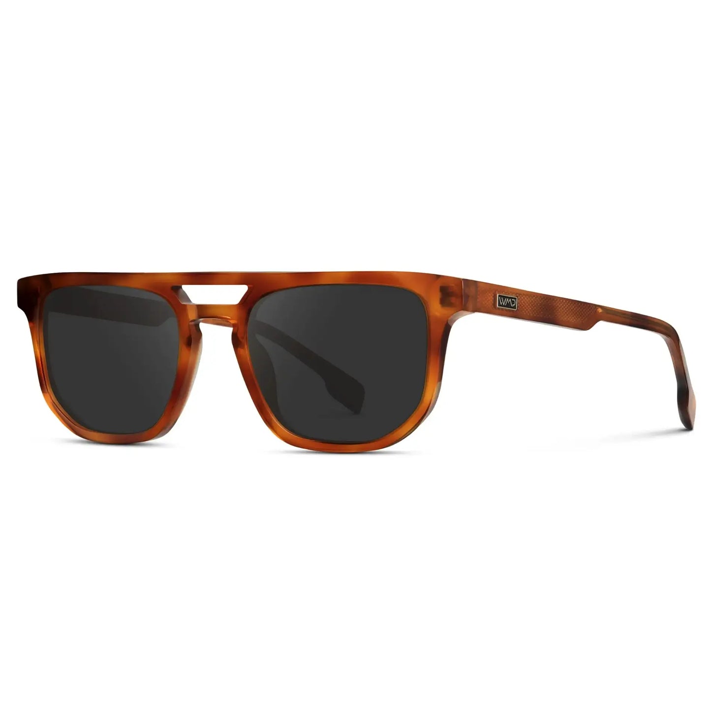Honey Tortoise / Grey || Side view of Men's Rectangular Double Bridge Aviator Prescription Sunglasses with Honey Tortoise Frame and Grey Lenses on a white background