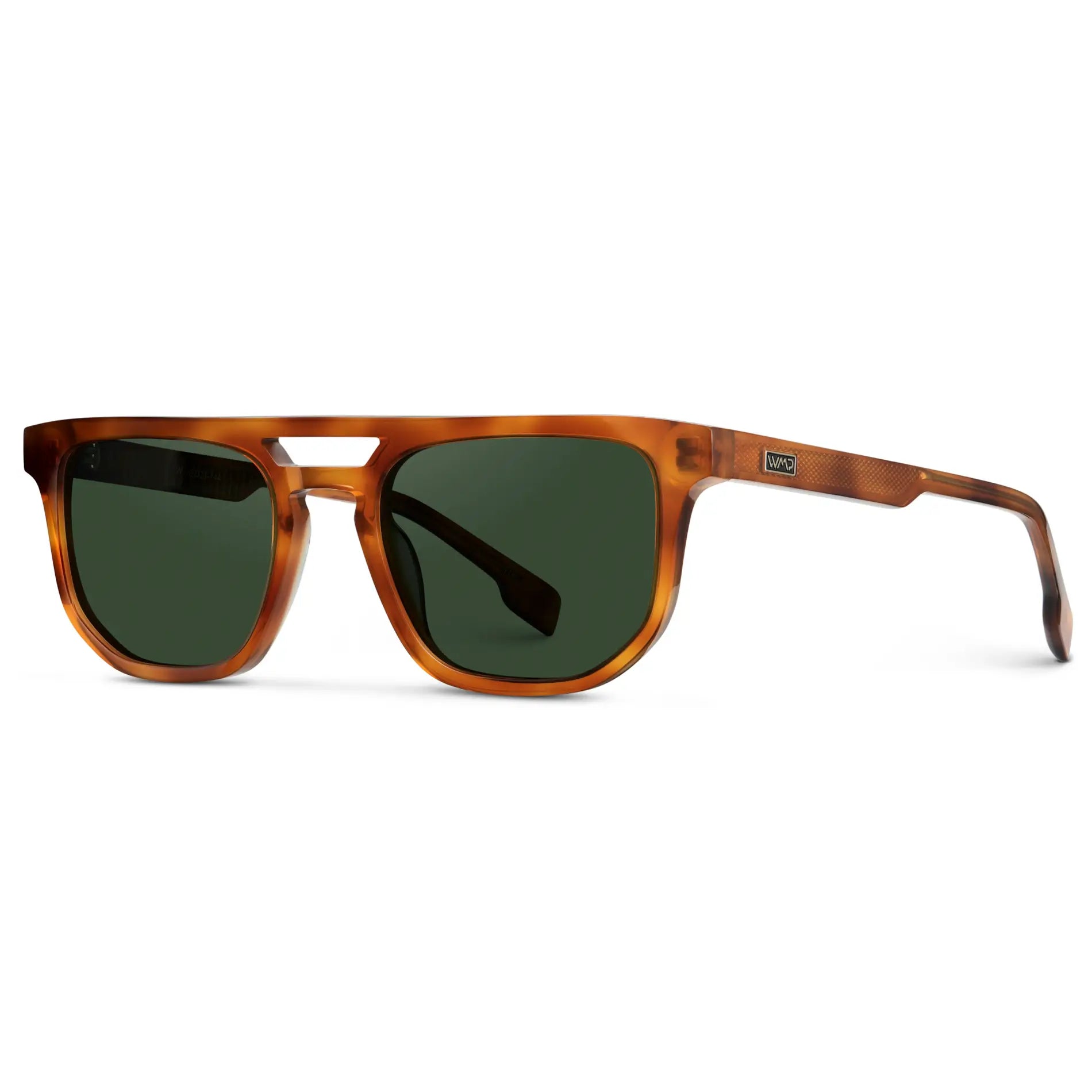 Honey Tortoise / Smoke Green Lens || Side view of Men's Rectangular Double Bridge Aviator Polarized Sunglasses with Honey Tortoise Frame and Green Lenses on a white background