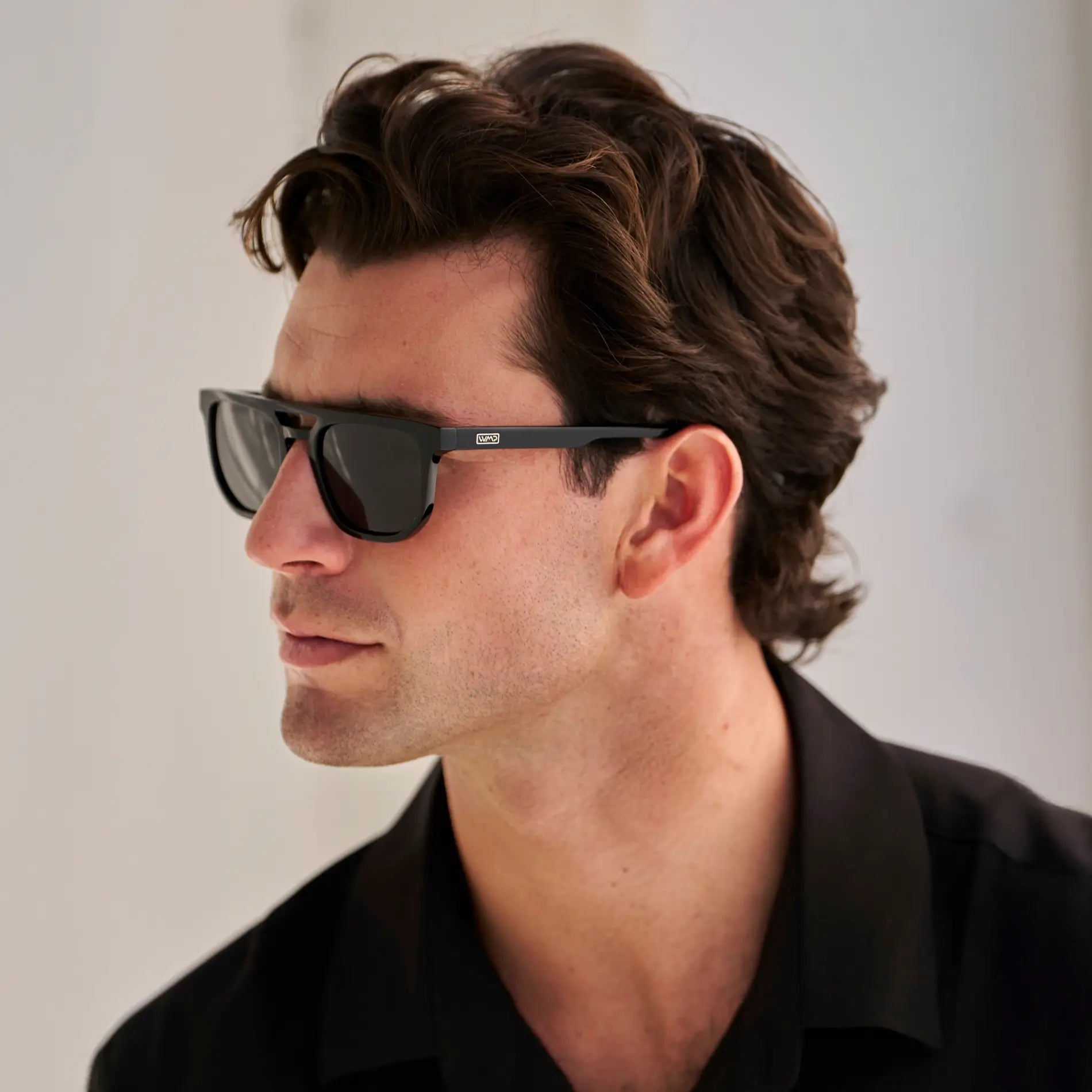 Black / Triple Black Lens || Model wearing Men's Rectangular Double Bridge Aviator Polarized Sunglasses with Black Frame and Black Lenses