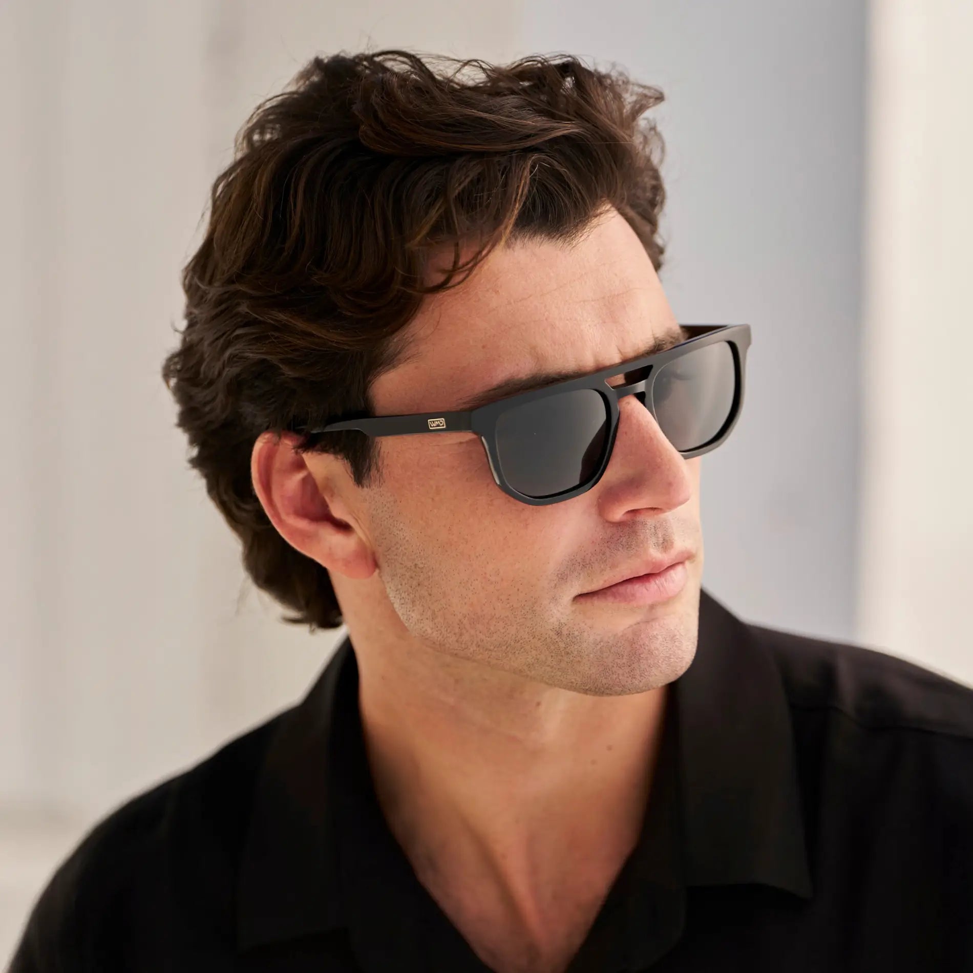 Black / Triple Black Lens || Model wearing Men's Rectangular Double Bridge Aviator Polarized Sunglasses with Black Frame and Black Lenses