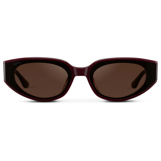 Black Cherry Red / Dark Brown Lens || Women's Narrow Cat-Eye Sunglasses with Dark Red Acetate frame and Non-Polarized Dark Brown Lens