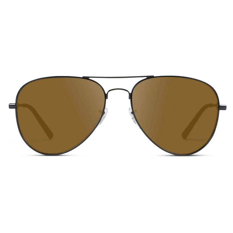Full Black / Amber || Unisex Double Bridge Aviator Prescription Sunglasses with Black Metal Frame and Amber Lens on a white background