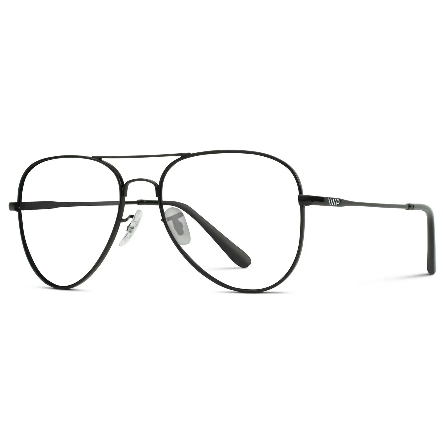 Full Black || Side view of Men's Double Bridge Aviator Prescription Eyeglasses with Black Metal Frame and Clear Lenses on a white background