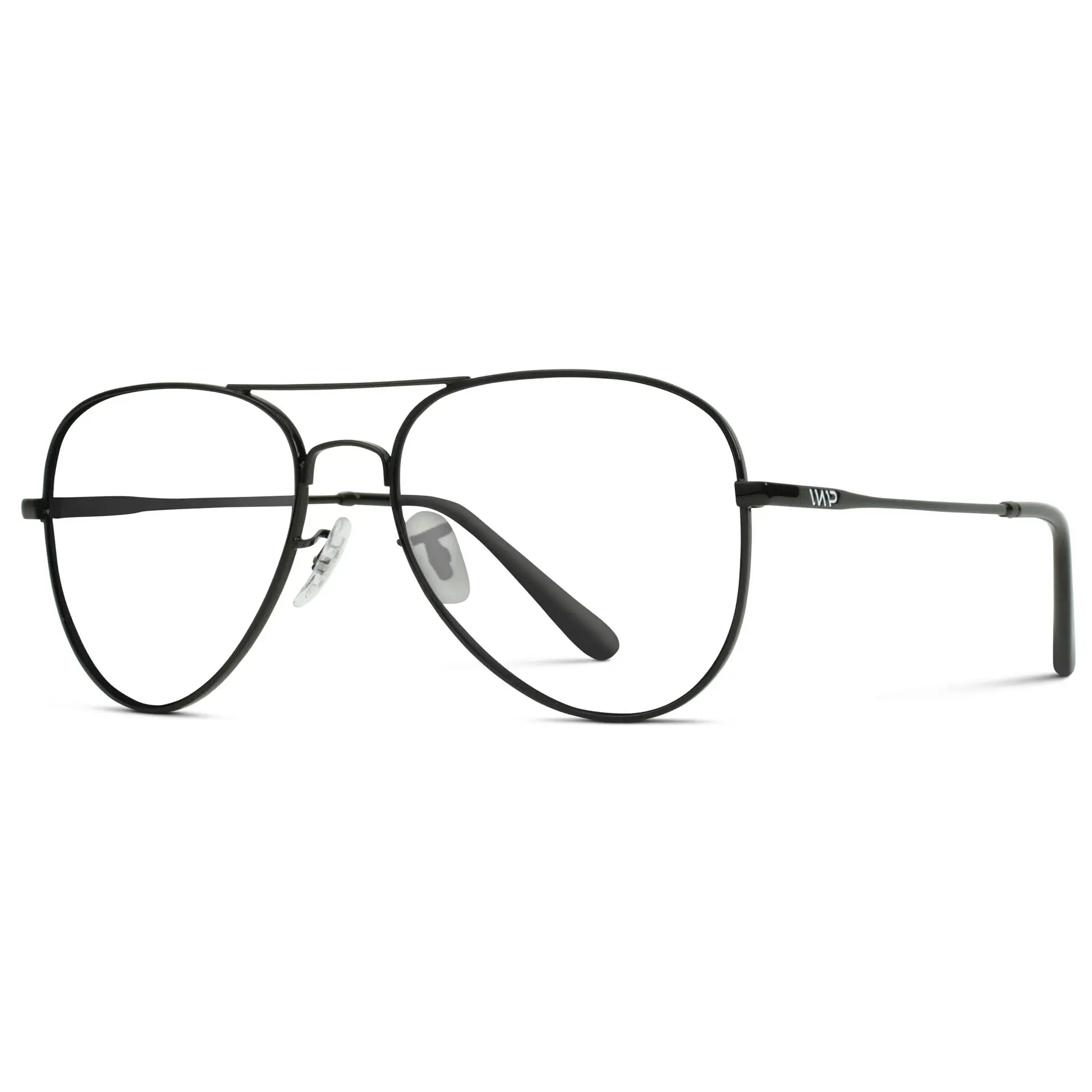 Full Black || Side view of Men's Double Bridge Aviator Prescription Eyeglasses with Black Metal Frame and Clear Lenses on a white background