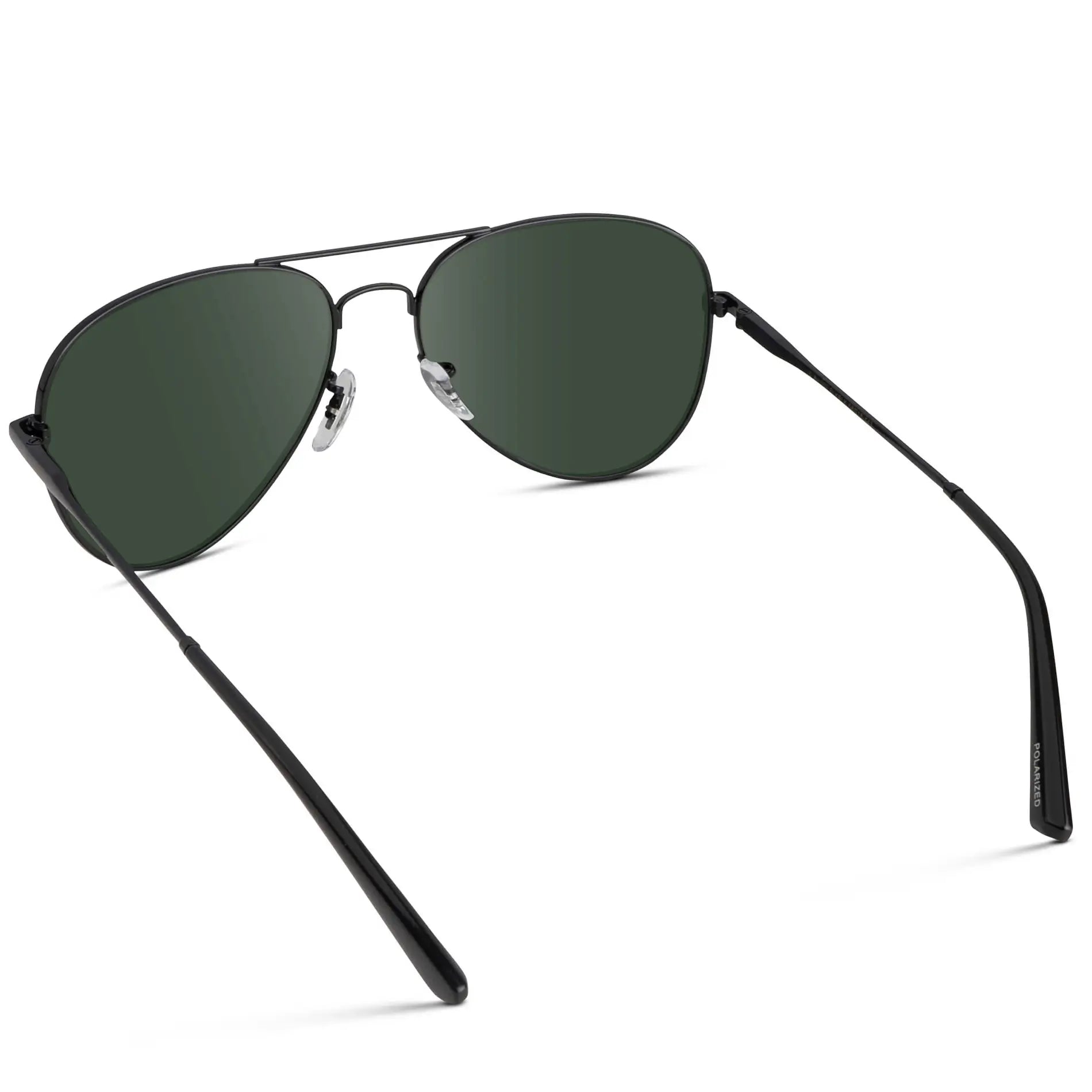 Full Black / G15 || Back view of Unisex Double Bridge Aviator Prescription Sunglasses with Black Metal Frame and Green Lens on a white background