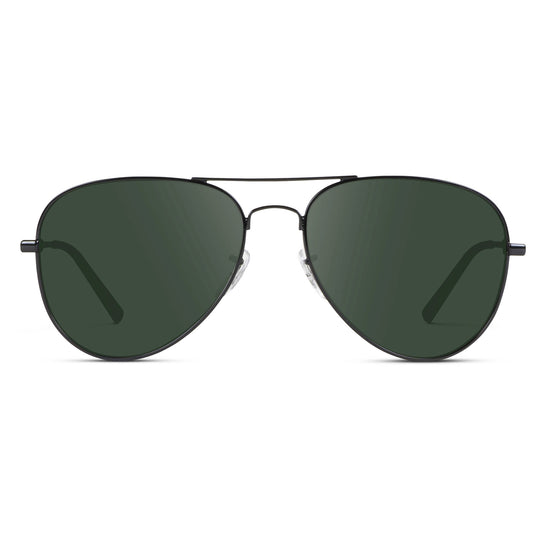 Full Black / G15 || Double Bridge Aviator Prescription Sunglasses with Black Metal Frame and Green Lens