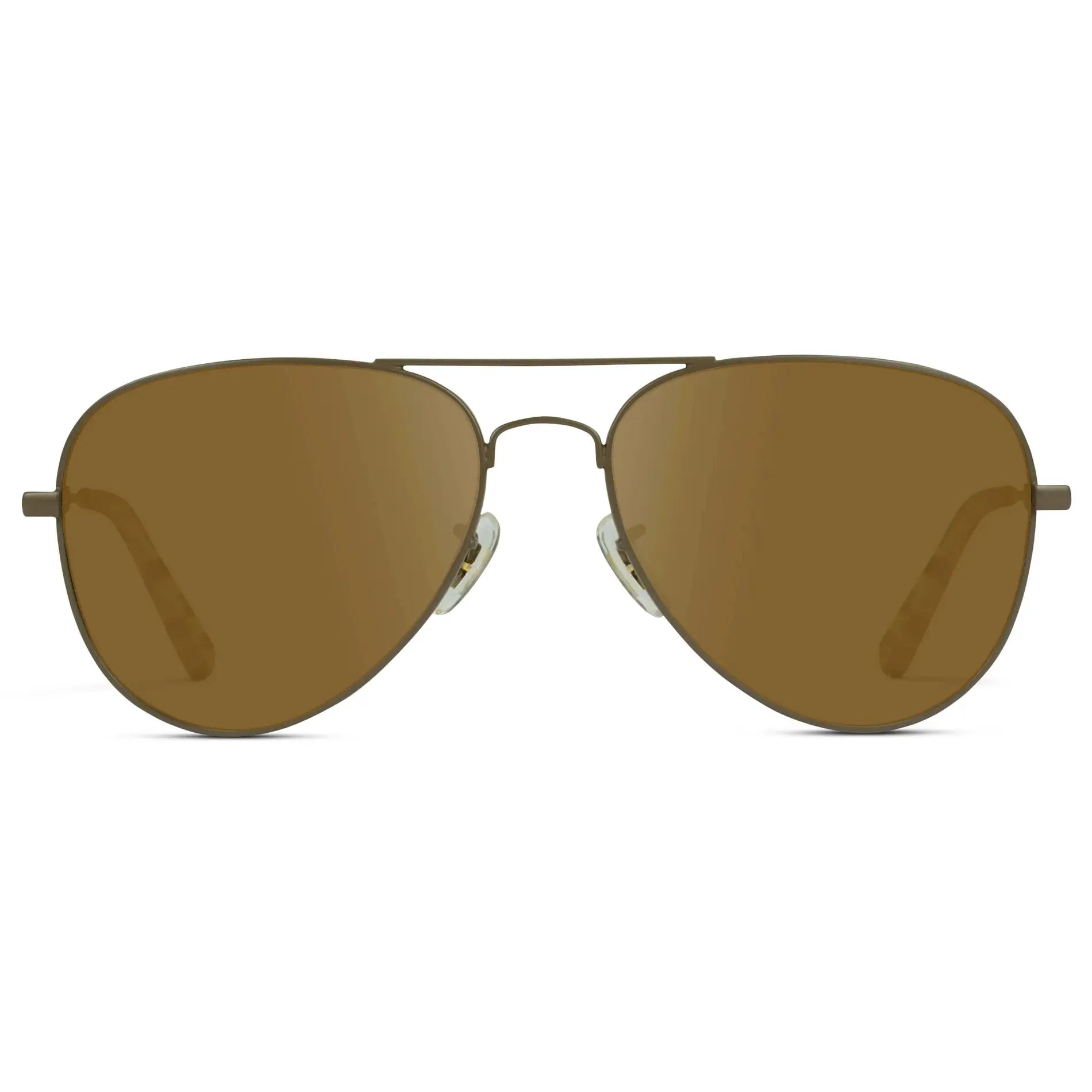 Woodland / Amber || Unisex Double Bridge Aviator Prescription Sunglasses with Brown Metal Frame and Amber Lens on a white background