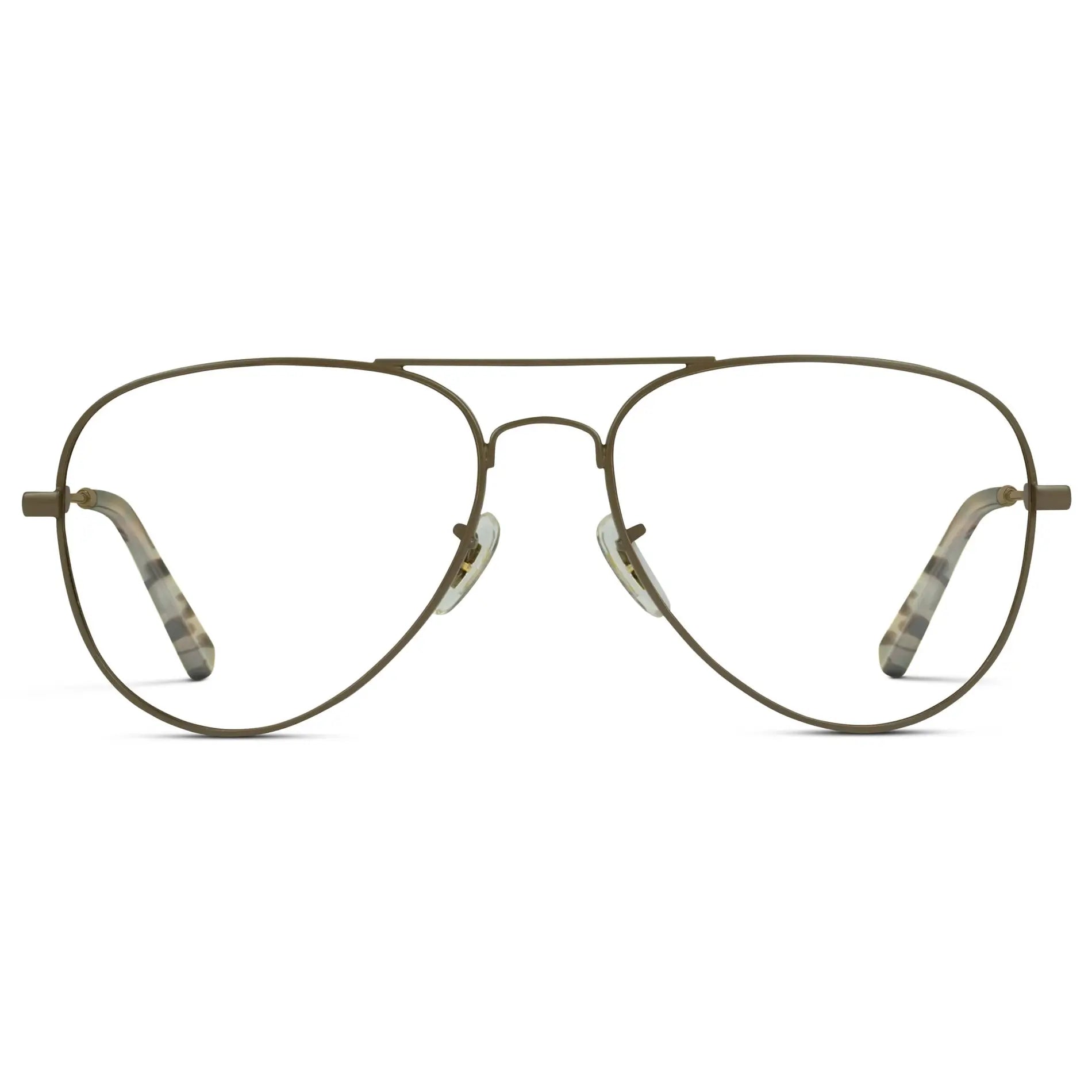 Woodland || Men's Double Bridge Aviator Prescription Eyeglasses with Brown Metal Frame and Clear Lenses on a white background