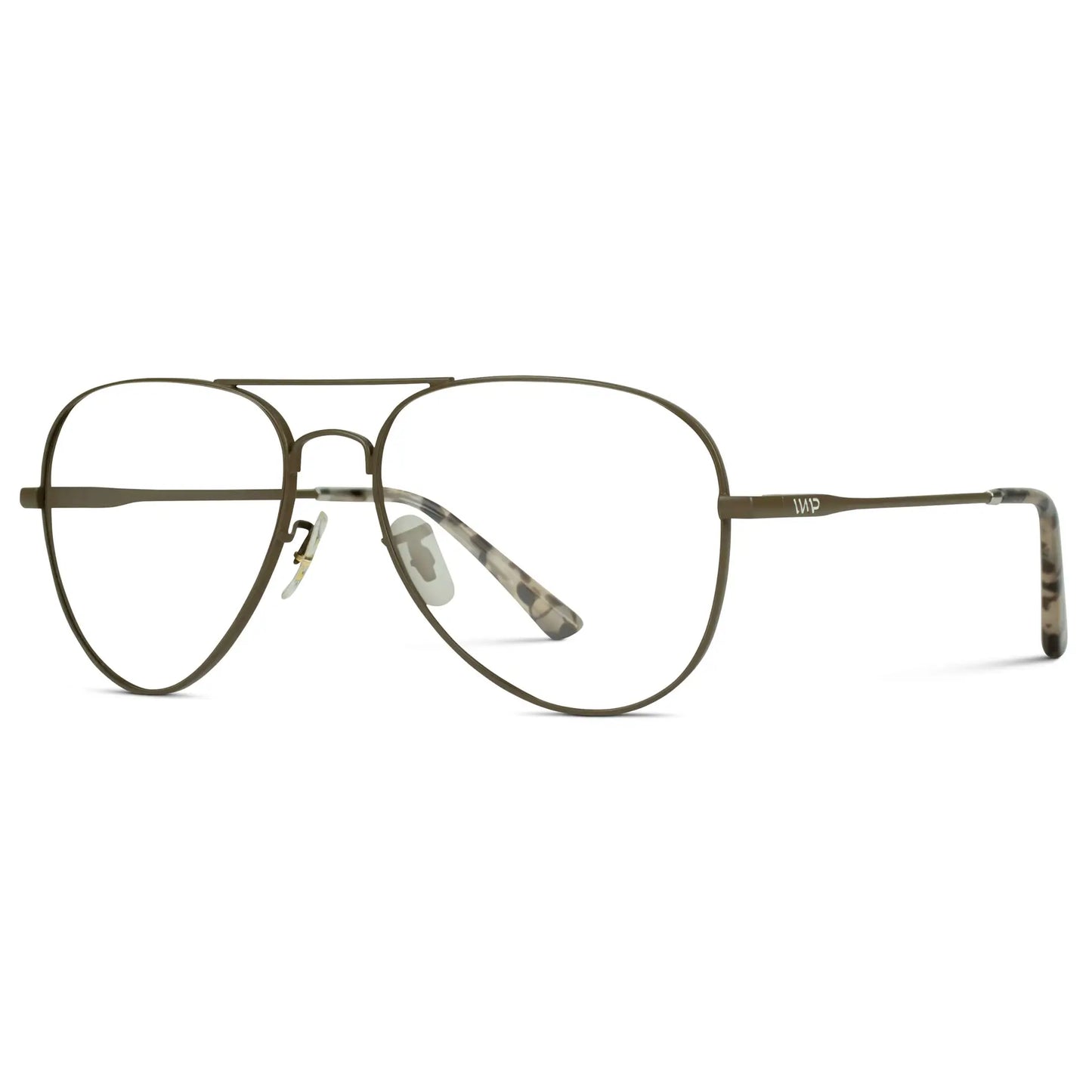Woodland || Side view of Men's Double Bridge Aviator Prescription Eyeglasses with Brown Metal Frame and Clear Lenses on a white background