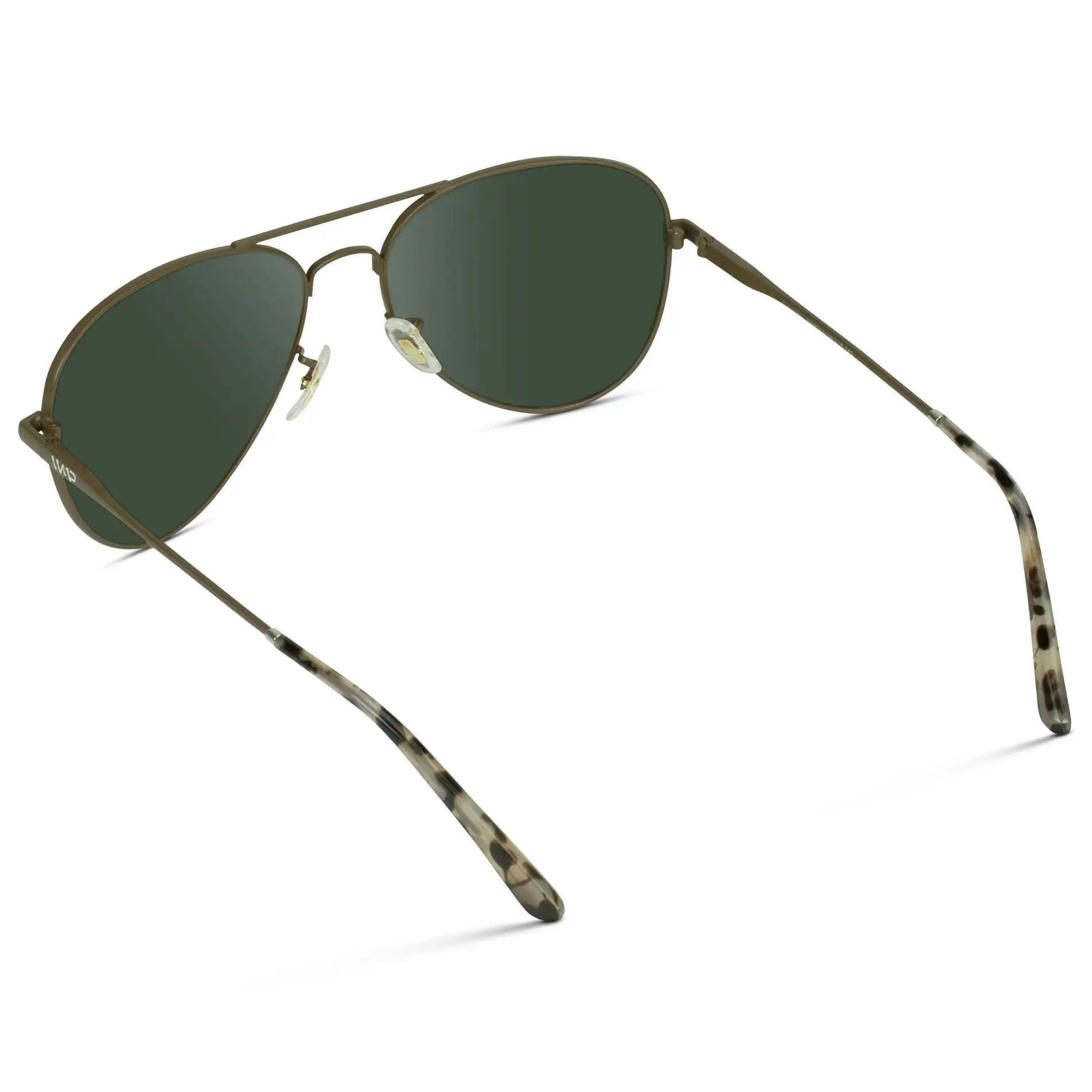 Woodland / G15 || Back view of Unisex Double Bridge Aviator Prescription Sunglasses with Brown Metal Frame and Green Lens on a white background