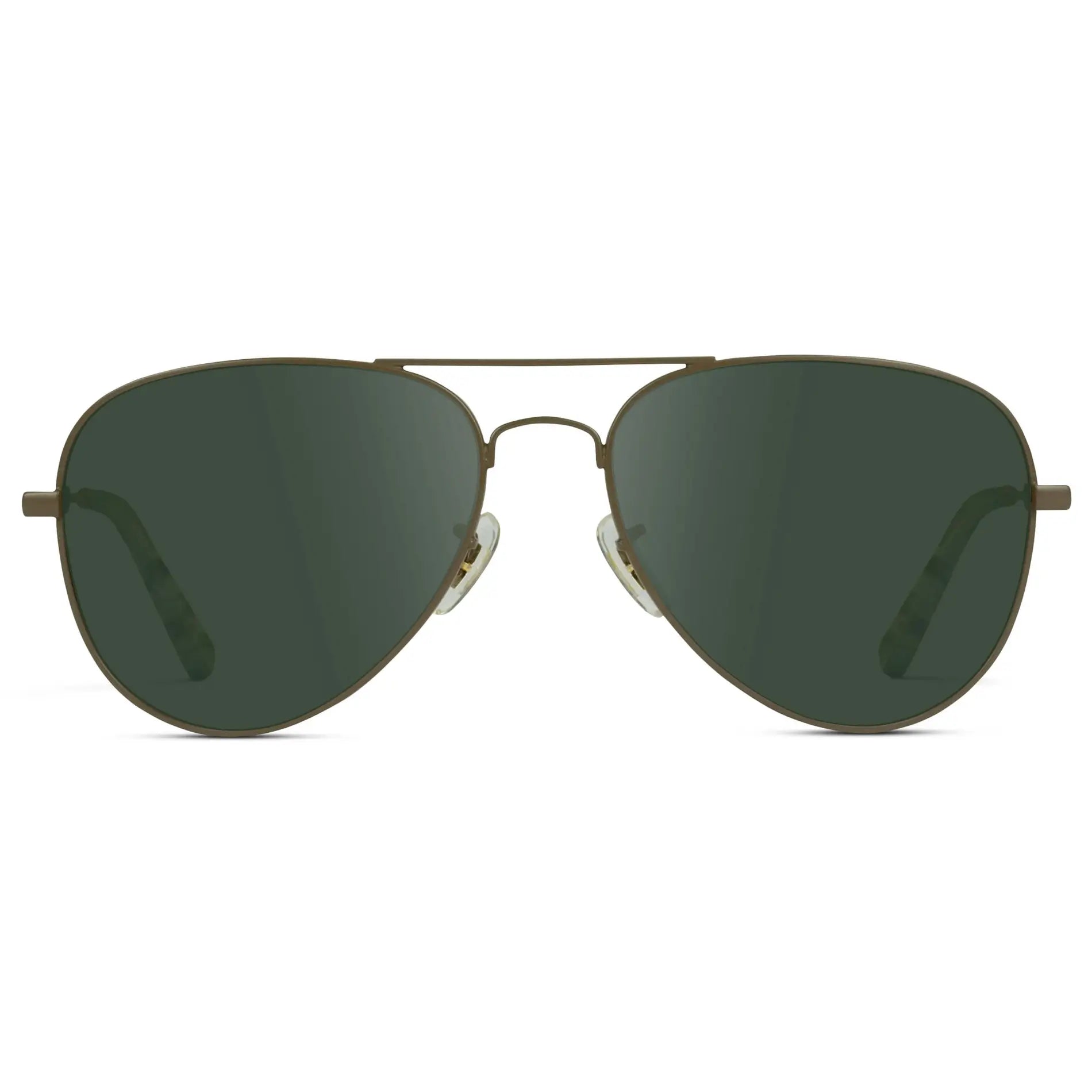 Woodland / G15 || Unisex Double Bridge Aviator Prescription Sunglasses with Brown Metal Frame and Green Lens on a white background