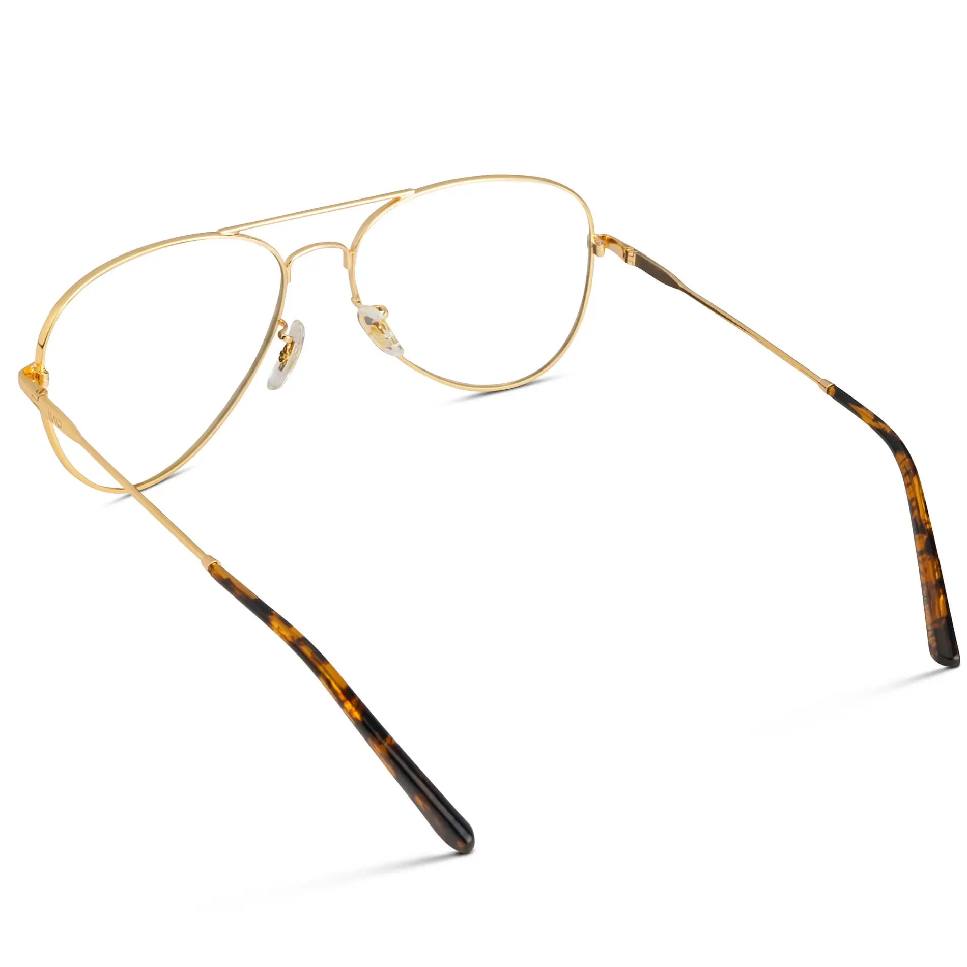 Gold Frame || Back view of Men's Double Bridge Aviator Prescription Eyeglasses with Gold Metal Frame and Clear Lenses on a white background