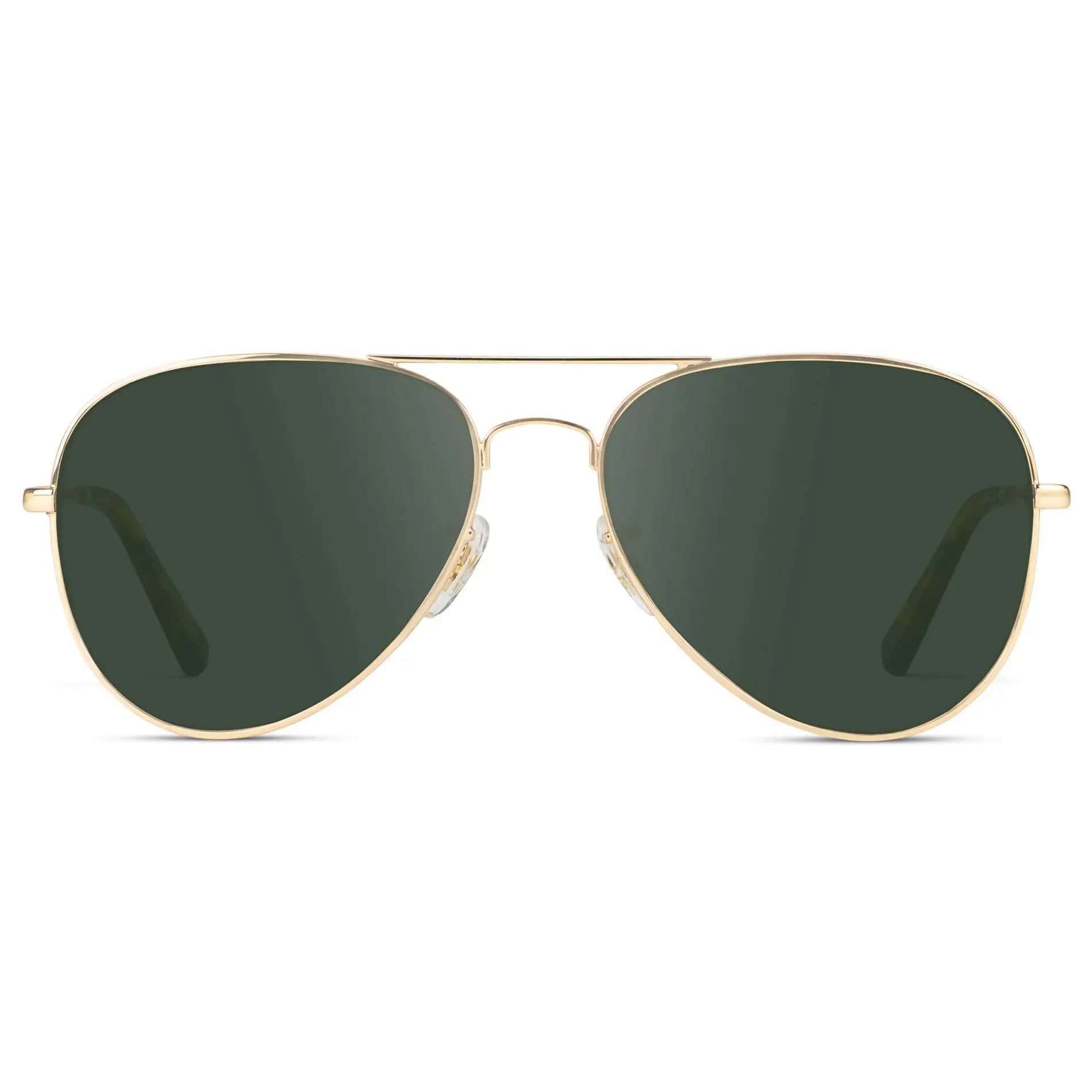 Gold Frame / G15 || Unisex Double Bridge Aviator Prescription Sunglasses with Gold Metal Frame and Green Lens on a white background