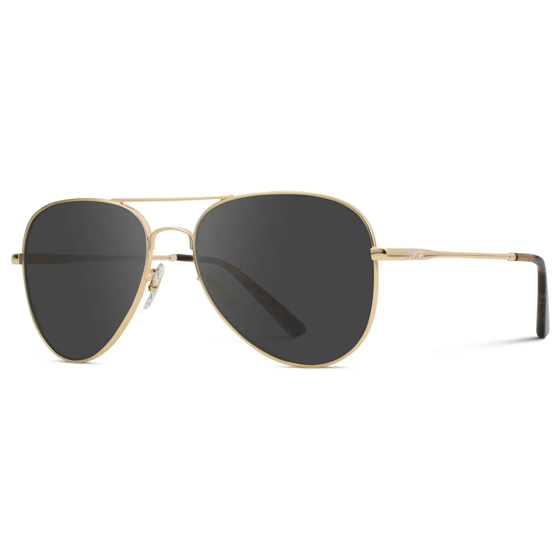 Gold Frame / Grey || Side view of Unisex Double Bridge Aviator Prescription Sunglasses with Gold Metal Frame and Grey Lens on a white background
