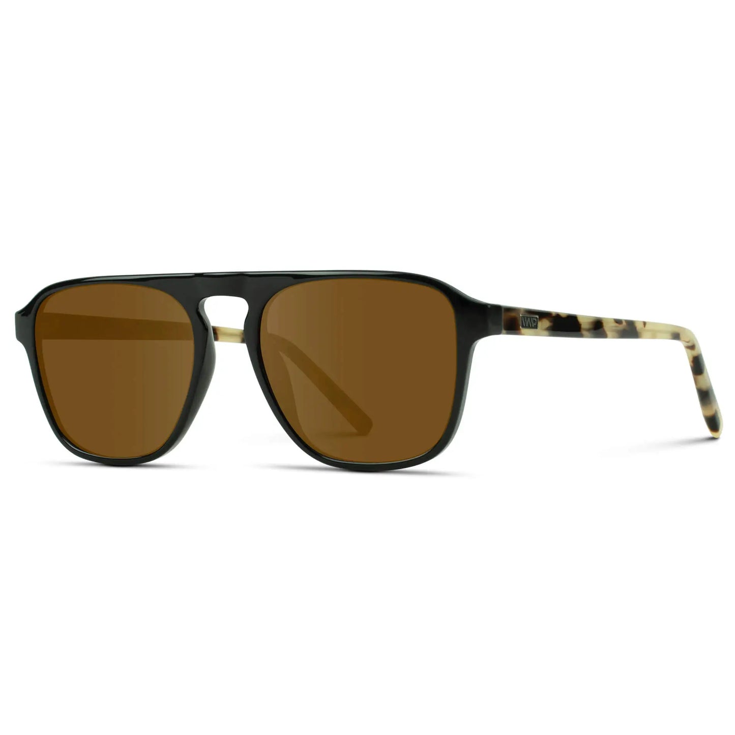 Black Beige Tort / Amber || side view of Black Single Bridge Aviator Sunglasses with Brown Prescription Lenses on a white background