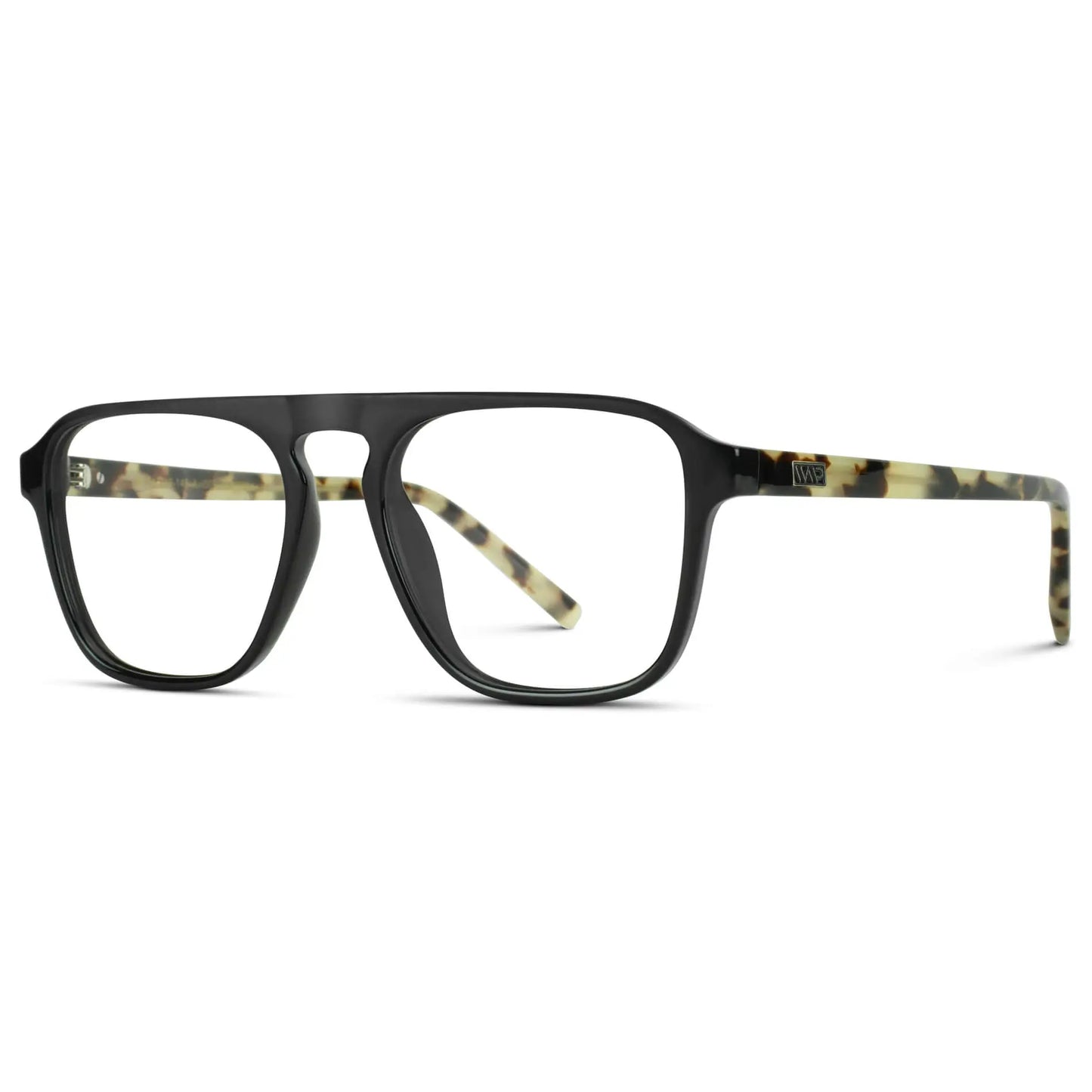 Black Beige Tort || Side view of Men's Aviator Prescription Glasses with Black Beige Tort Frame and Clear Lenses on a white background