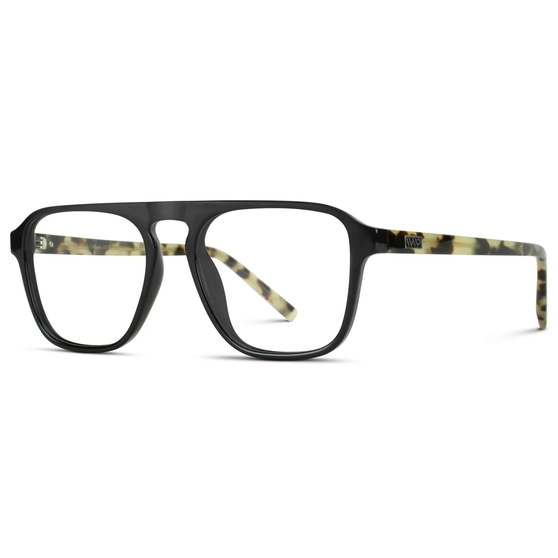 Black Beige Tort || Side view of Men's Aviator Prescription Glasses with Black Beige Tort Frame and Clear Lenses on a white background