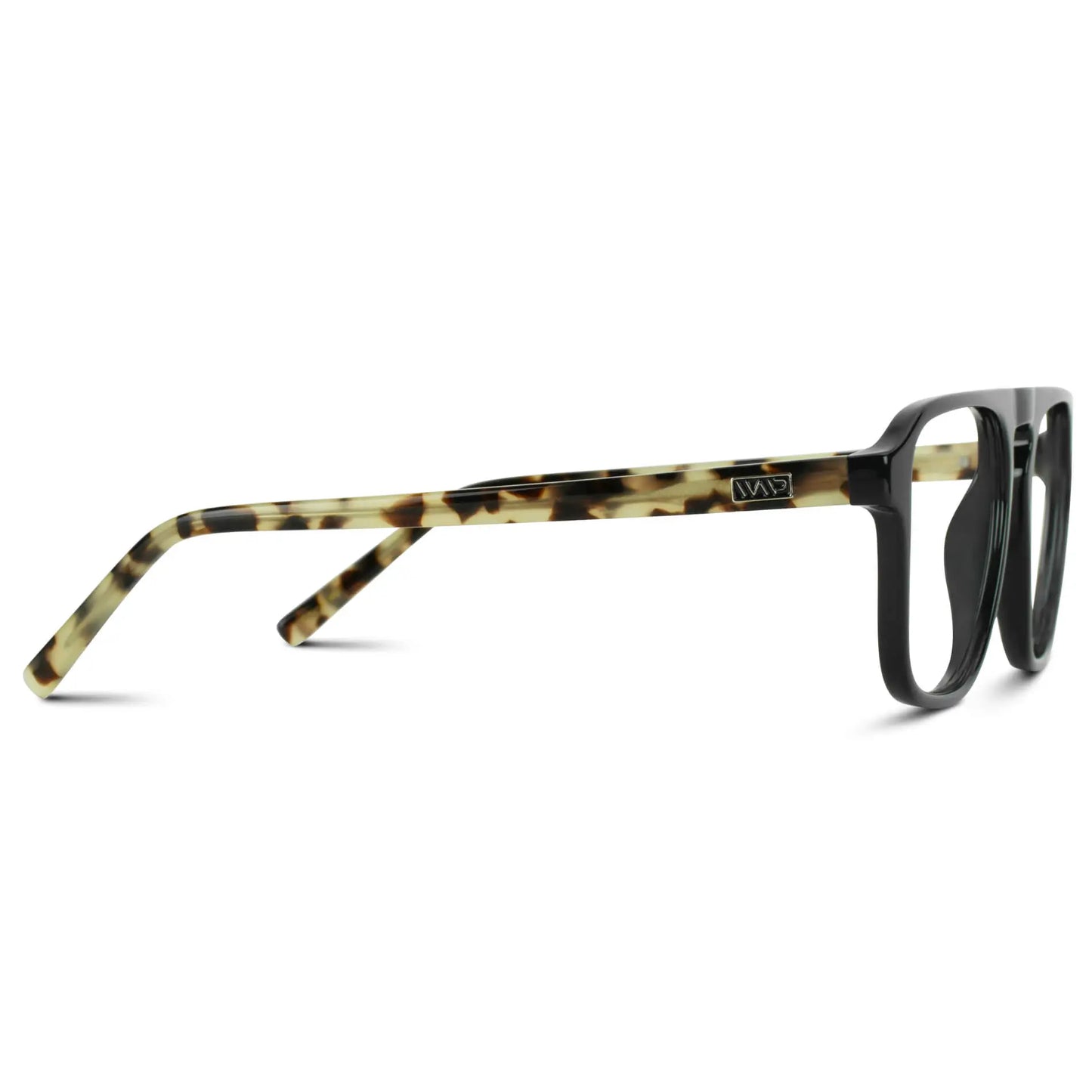 Black Beige Tort || Temple view of Men's Aviator Prescription Glasses with Black Beige Tort Frame and Clear Lenses on a white background