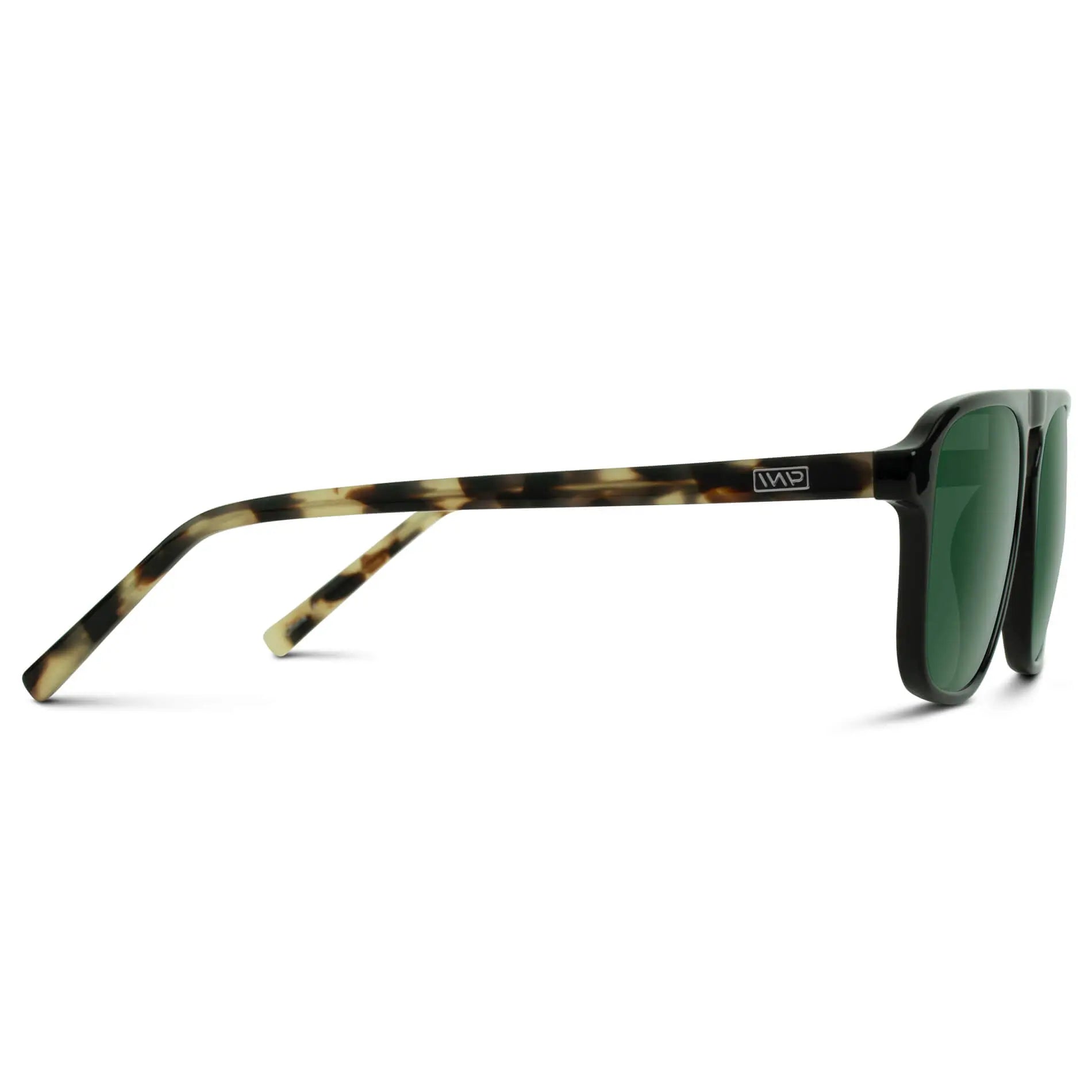 Black Beige Tort / G15 || Temple view of Black Single Bridge Aviator Sunglasses with Green Prescription Lenses on a white background