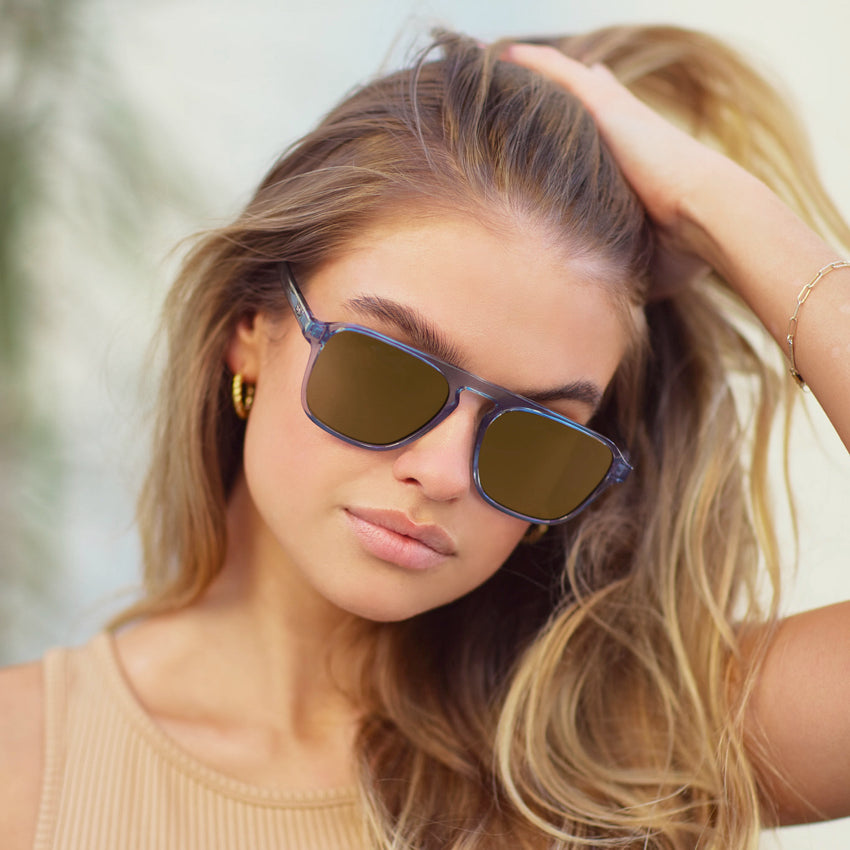 Denim Blue / Amber Lens || Blue Single Bridge Aviator Sunglasses with Brown Prescription Lenses