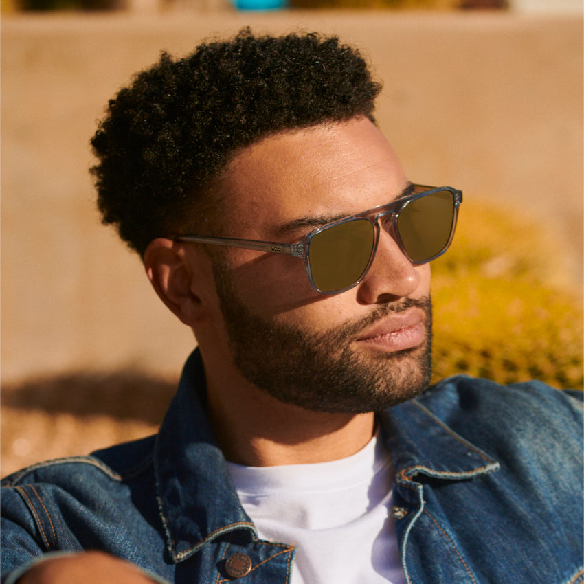 Denim Blue / Amber Lens || Blue Single Bridge Aviator Sunglasses with Brown Prescription Lenses
