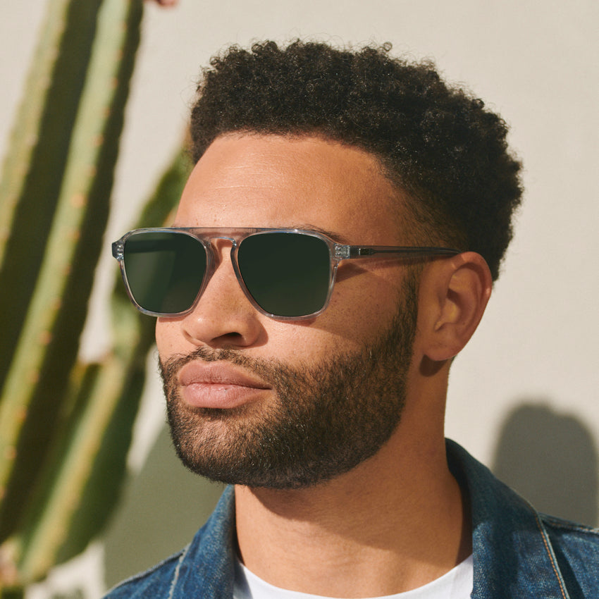Denim Blue / G15 Lens || Blue Single Bridge Aviator Sunglasses with Green Prescription Lenses