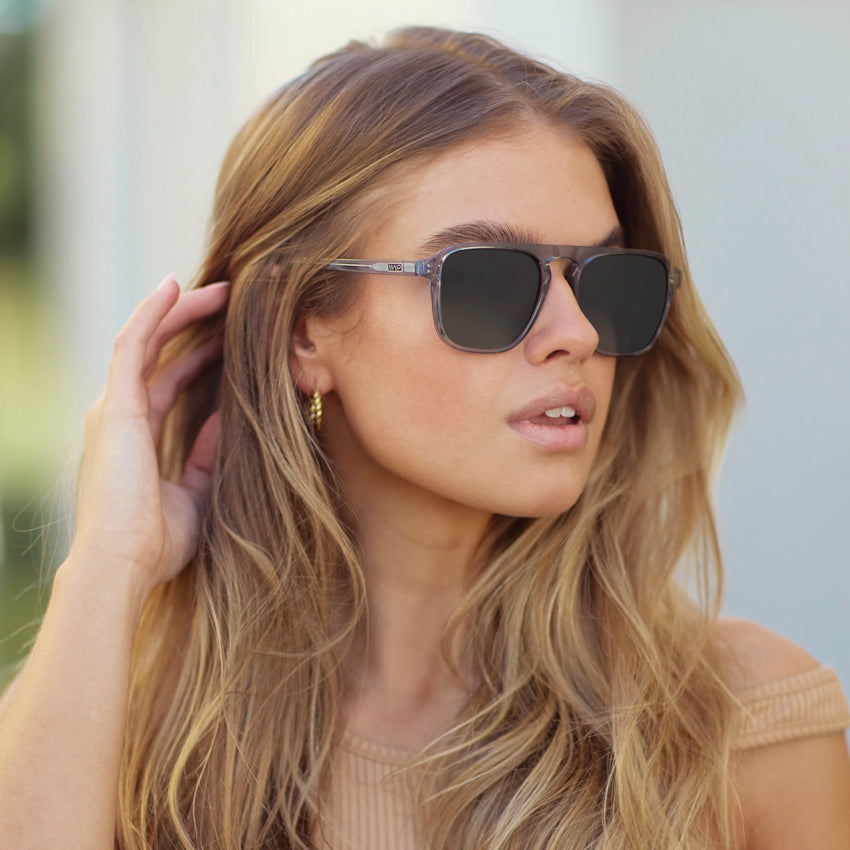 Denim Blue / Grey Lens || Blue Single Bridge Aviator Sunglasses with Grey Prescription Lenses