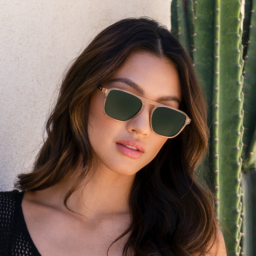 Light Crystal Brown / G15 Lens || Brown Single Bridge Aviator Sunglasses with Green Prescription Lenses