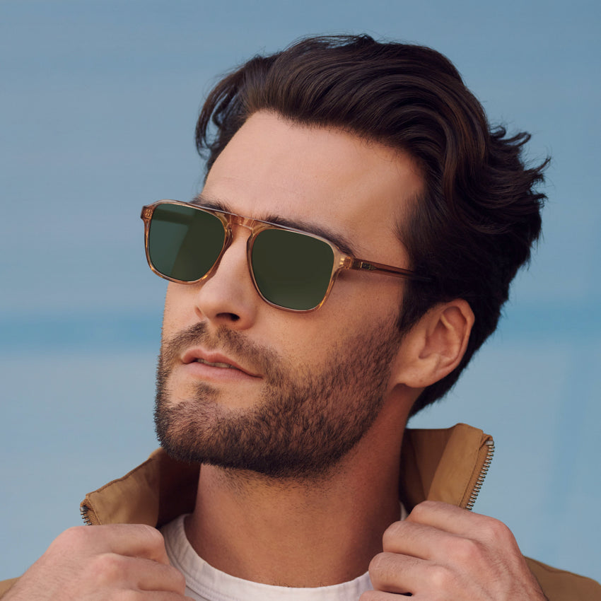 Light Crystal Brown / G15 Lens || Brown Single Bridge Aviator Sunglasses with Green Prescription Lenses