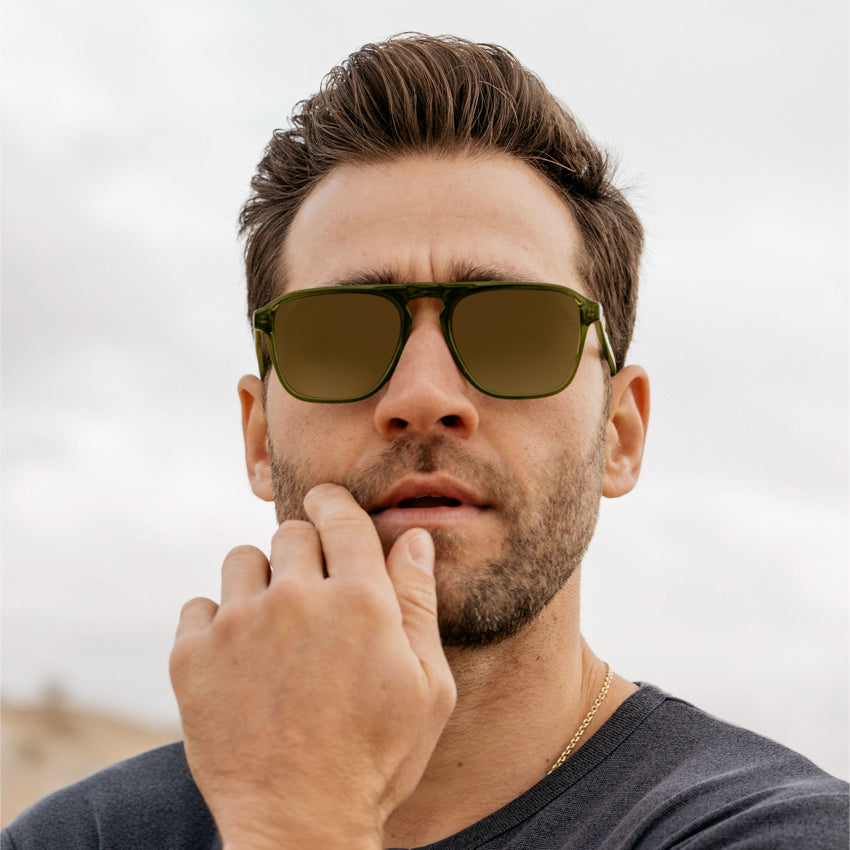 Crystal Saguaro Green / Amber Lens || Green Single Bridge Aviator Sunglasses with Brown Prescription Lenses