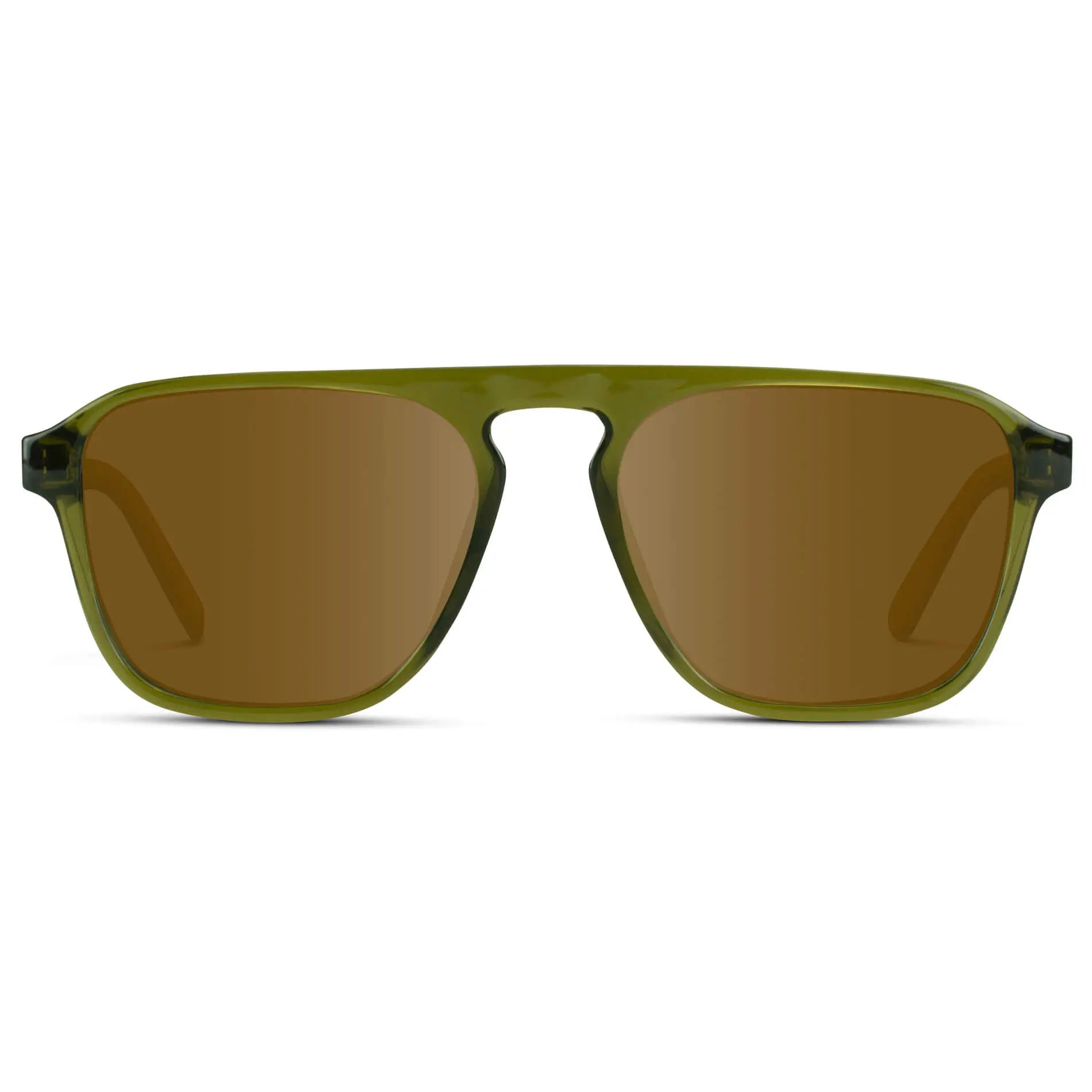Crystal Saguaro Green / Amber || Green Single Bridge Aviator Sunglasses with Brown Prescription Lenses on a white background