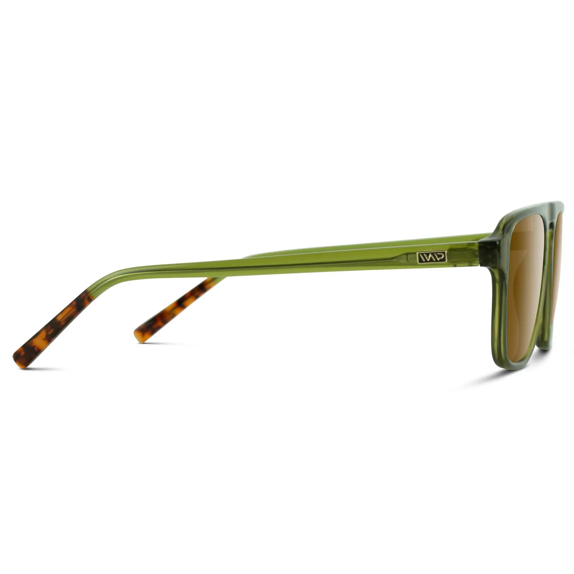 Crystal Saguaro Green / Amber || Temple view of Green Single Bridge Aviator Sunglasses with Brown Prescription Lenses on a white background