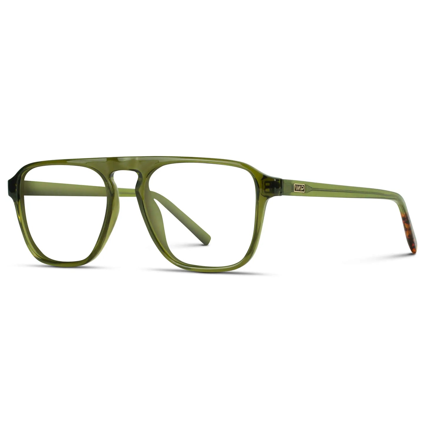 Crystal Saguaro Green || Side view of Men's Aviator Prescription Glasses with Crystal Saguaro Green Frame and Clear Lenses on a white background