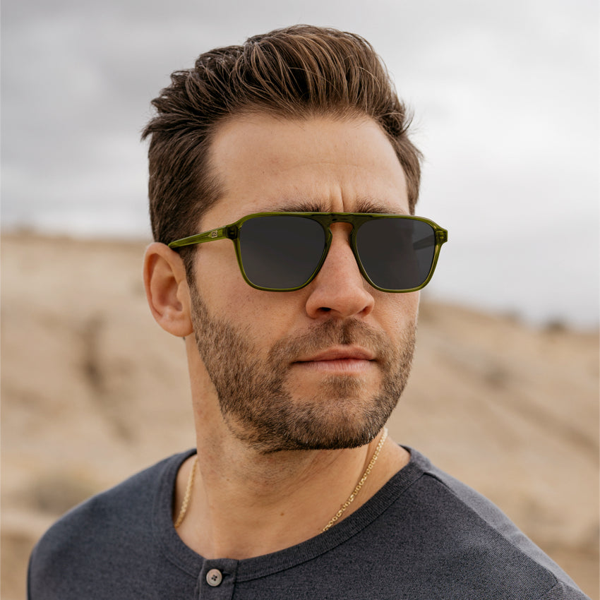 Crystal Saguaro Green / Grey Lens || Green Single Bridge Aviator Sunglasses with Grey Prescription Lenses