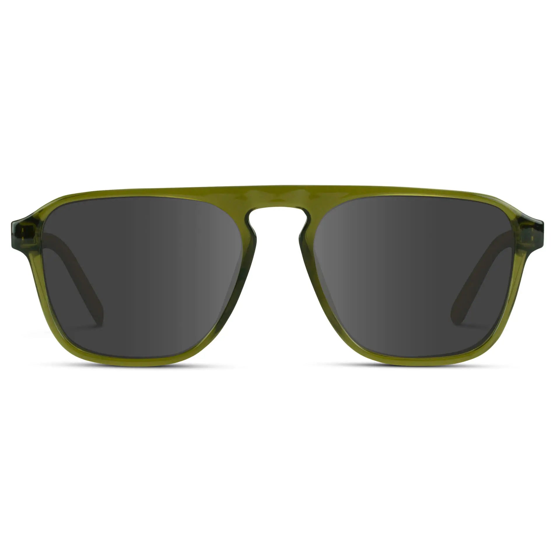 Crystal Saguaro Green / Grey || Green Single Bridge Aviator Sunglasses with Grey Prescription Lenses on a white background