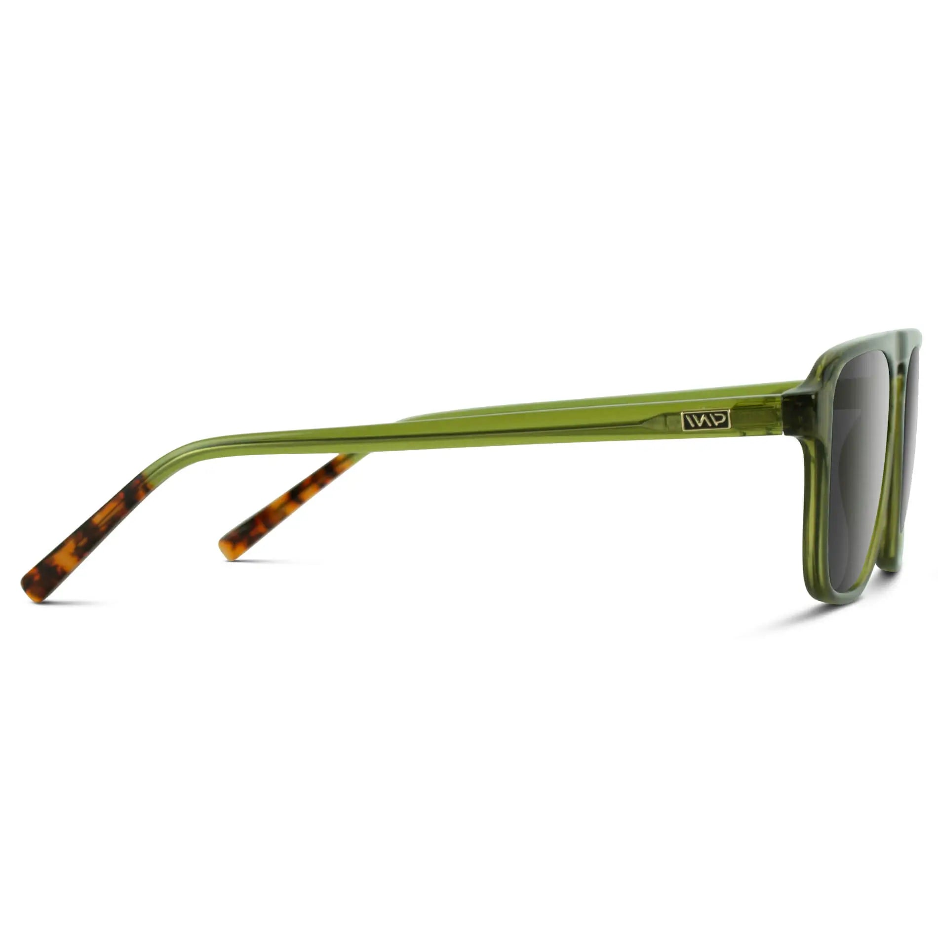 Crystal Saguaro Green / Grey || Temple view of Green Single Bridge Aviator Sunglasses with Grey Prescription Lenses on a white background