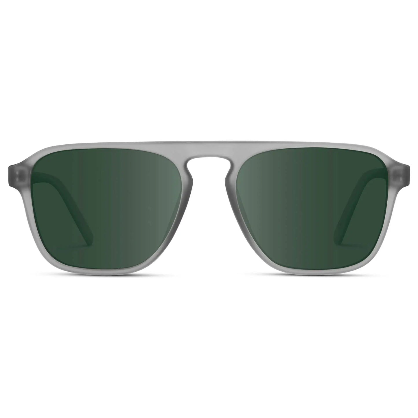 Moonrock Grey / G15 || Grey Single Bridge Aviator Prescription Sunglasses with Green Lenses on a white background