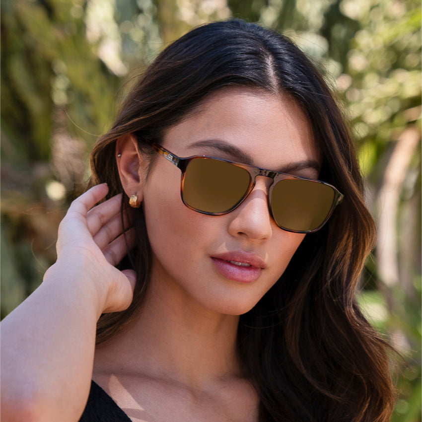 Whiskey Brown Tortoise / Amber Lens || Tortoise Single Bridge Aviator Sunglasses with Brown Prescription Lenses