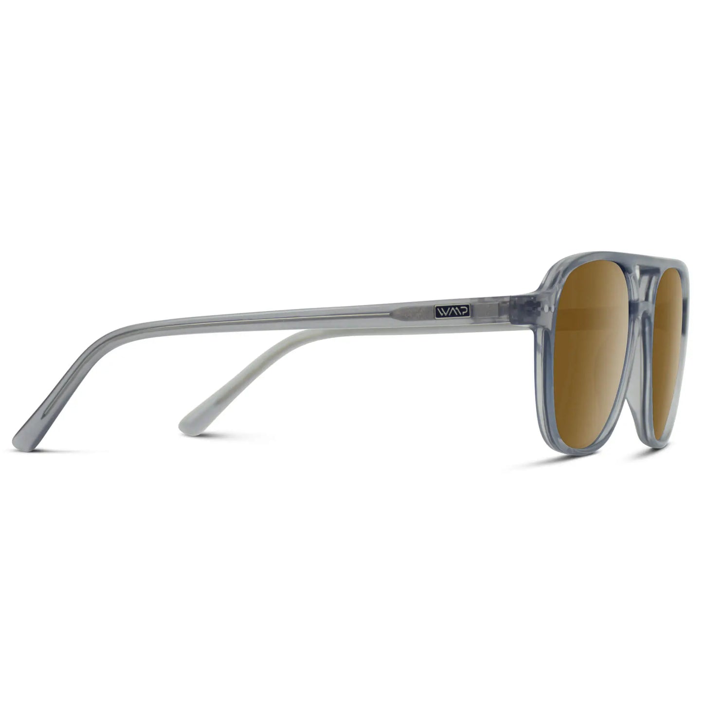 Crystal Mist / Amber || Temple view of Women's Square Frame Prescription Sunglasses in Crystal Mist with Amber Lens on a white background