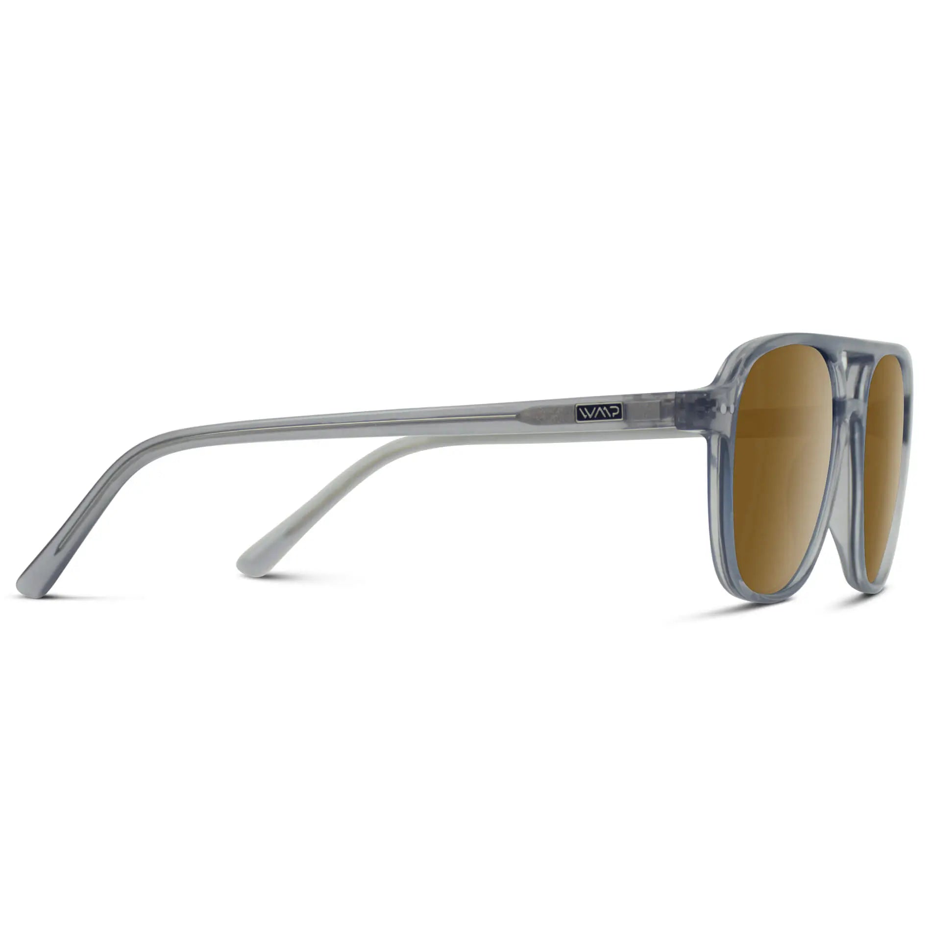 Crystal Mist / Amber || Temple view of Women's Square Frame Prescription Sunglasses in Crystal Mist with Amber Lens on a white background