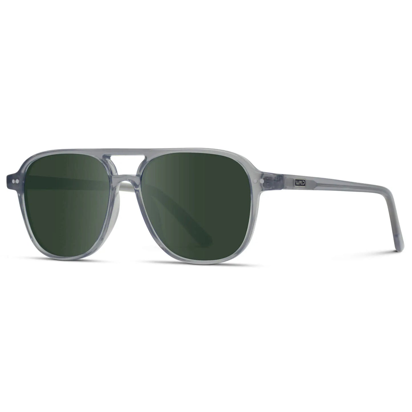 Crystal Mist / G15 || Side view of Women's Square Frame Prescription Sunglasses in Crystal Mist with Green Lens on a white background