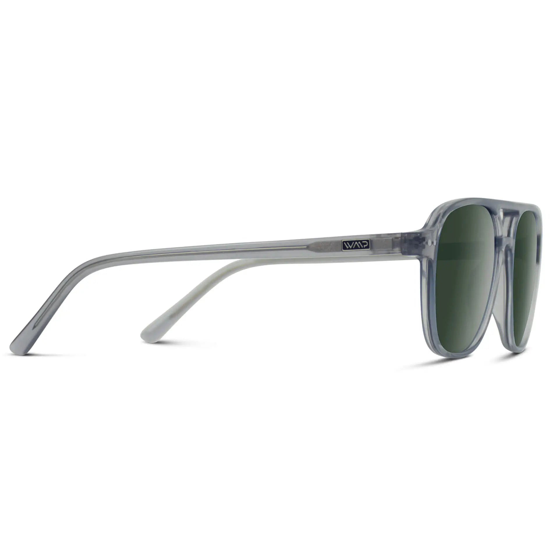 Crystal Mist / G15 || Temple view of Women's Square Frame Prescription Sunglasses in Crystal Mist with Green Lens on a white background
