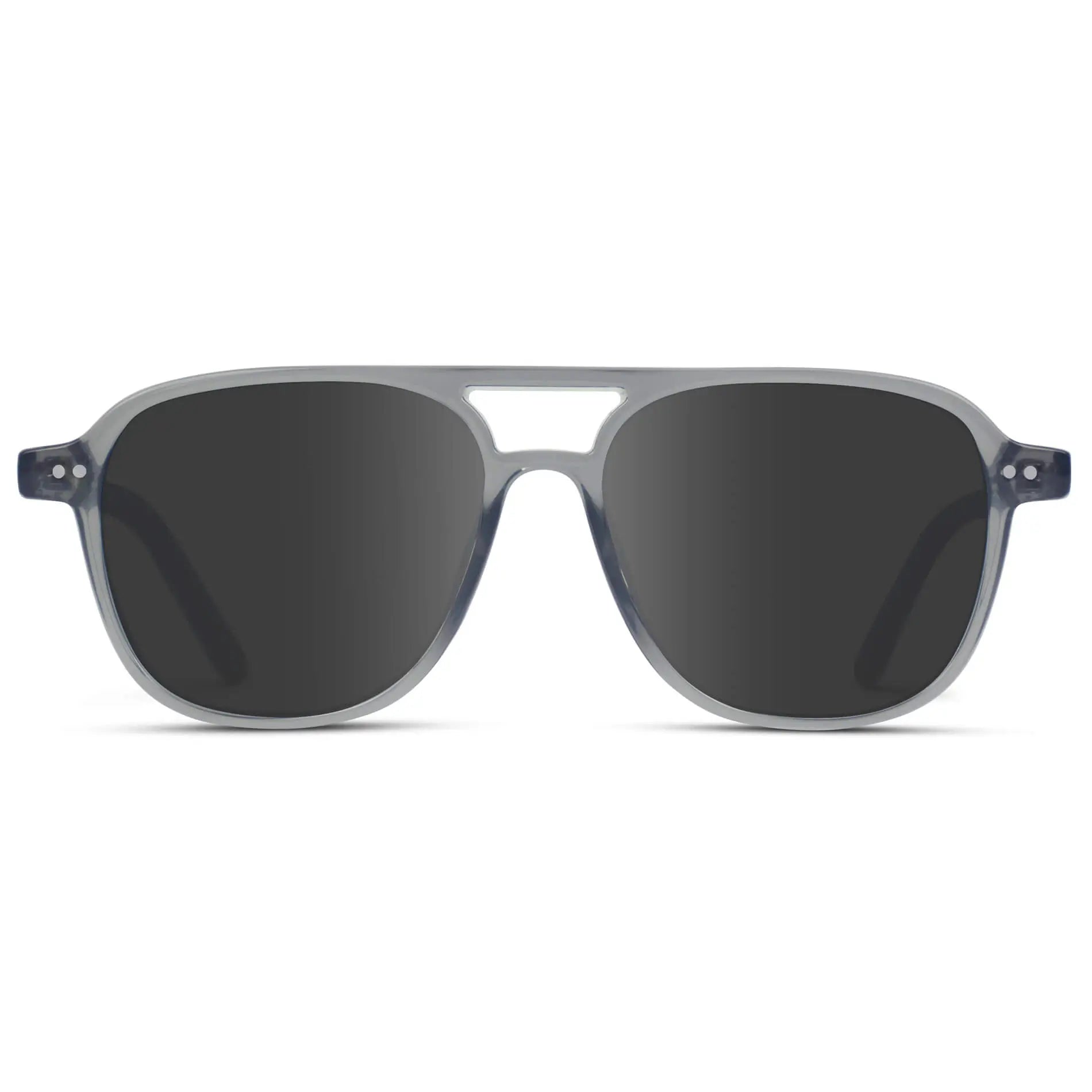 Crystal Mist / Grey || Women's Square Frame Prescription Sunglasses in Crystal Mist Frame and Grey Lenses on a white background