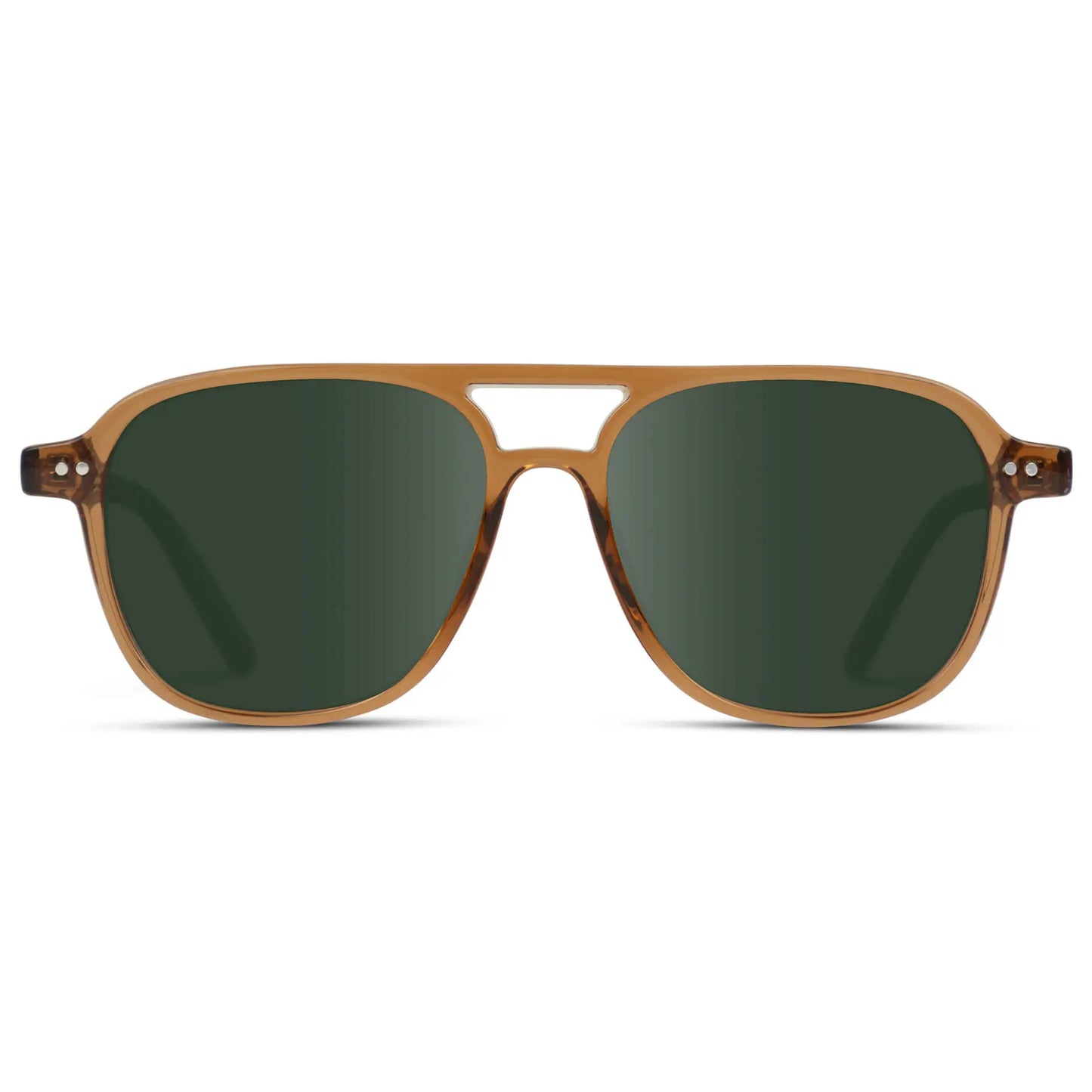 Crystal Copper / G15 || Women's Square Frame Prescription Sunglasses in Crystal Copper with Green Lens on a white background