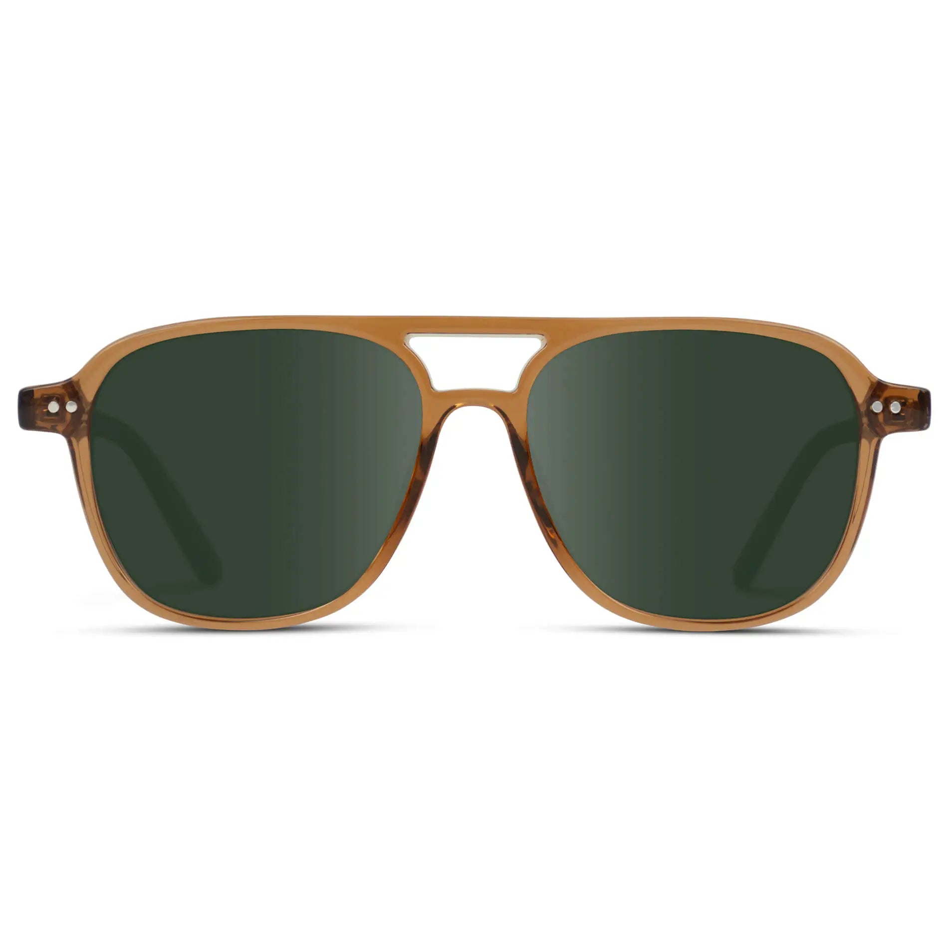 Crystal Copper / G15 || Women's Square Frame Prescription Sunglasses in Crystal Copper with Green Lens on a white background