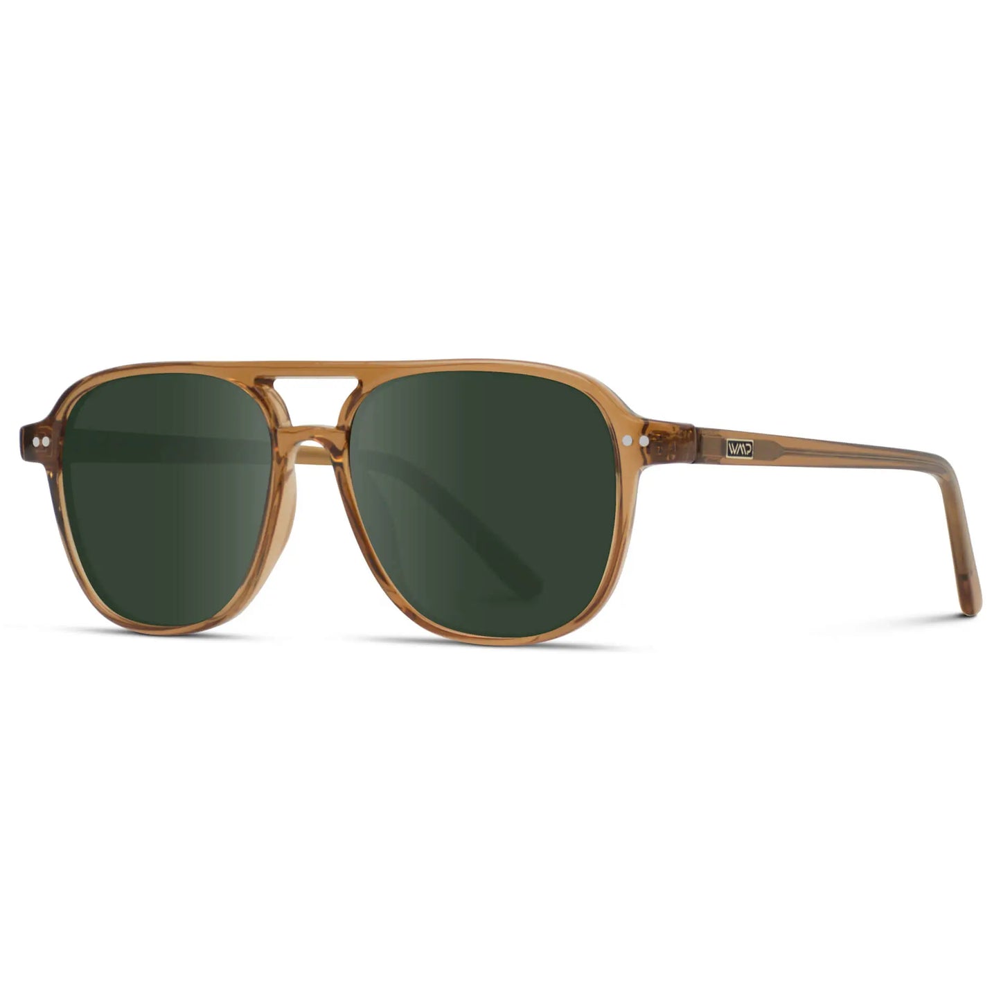 Crystal Copper / G15 || Side view of Women's Square Frame Prescription Sunglasses in Crystal Copper with Green Lens on a white background