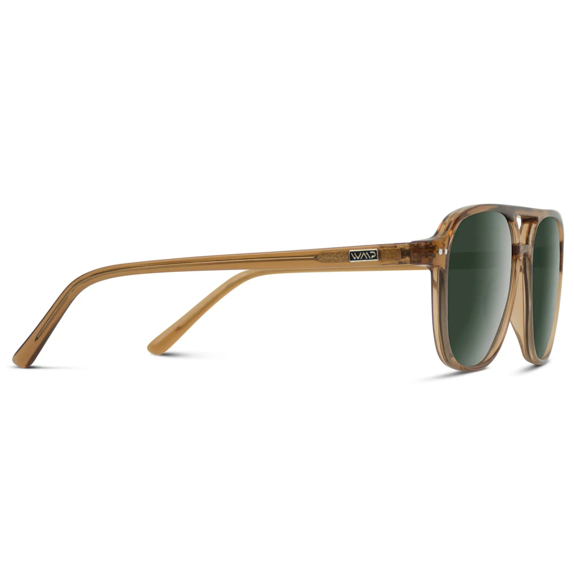 Crystal Copper / G15 || Temple view of Women's Square Frame Prescription Sunglasses in Crystal Copper with Green Lens on a white background
