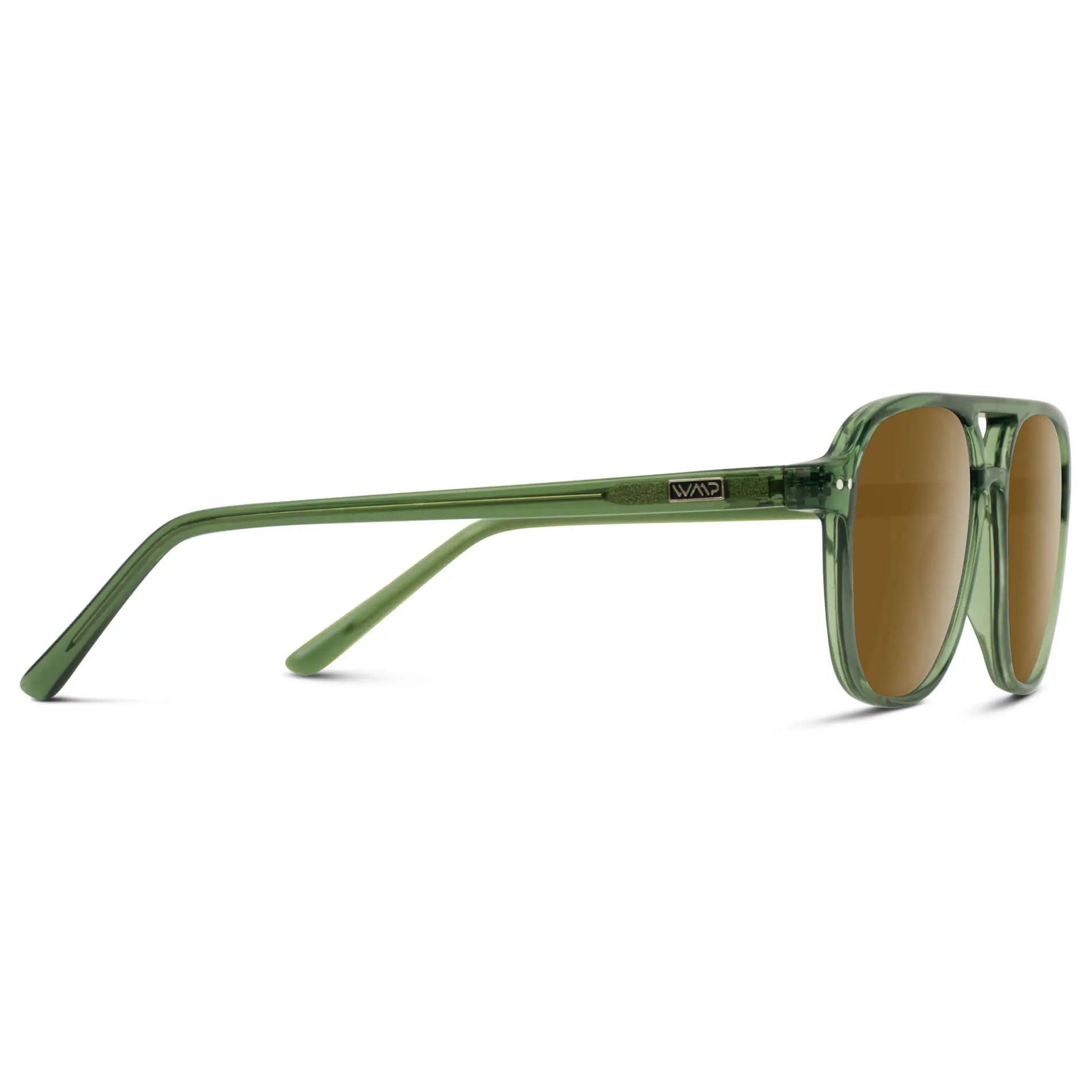 Emerald Green / Amber || Temple view of Women's Square Frame Prescription Sunglasses in Emerald Green with Amber Lens on a white background 