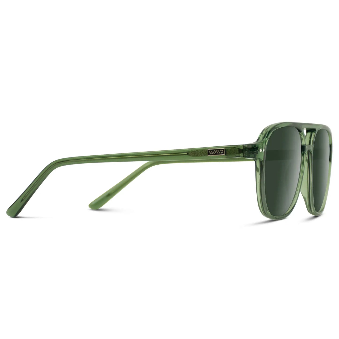 Emerald Green / G15 || Temple view of Women's Square Frame Prescription Sunglasses in Emerald Green with Green Lens on a white background